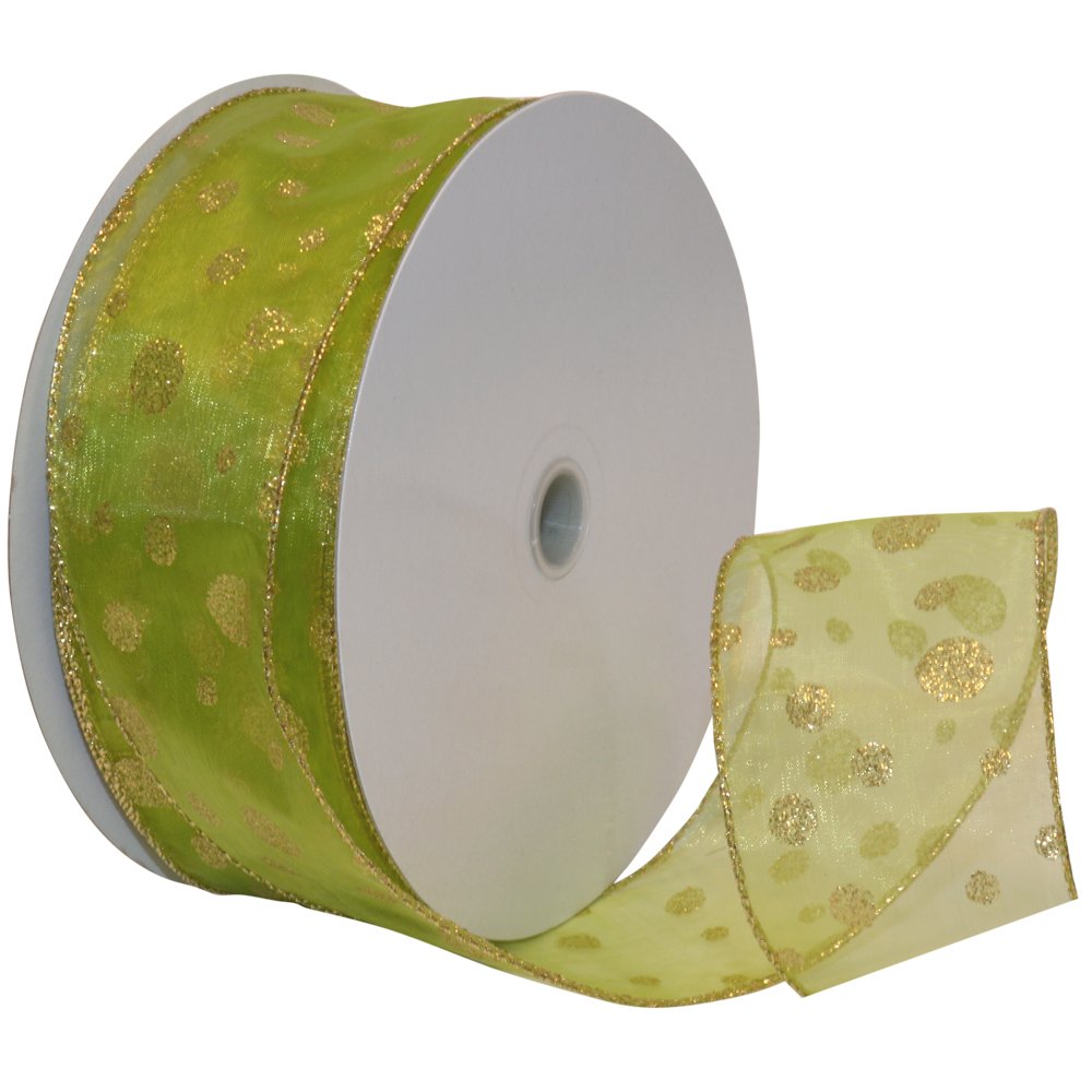 Morex RibbonGlitter Dots Wired Sheer Glitter Ribbon, 2-1/2-Inch by 50-Yard Spool, Green/Gold