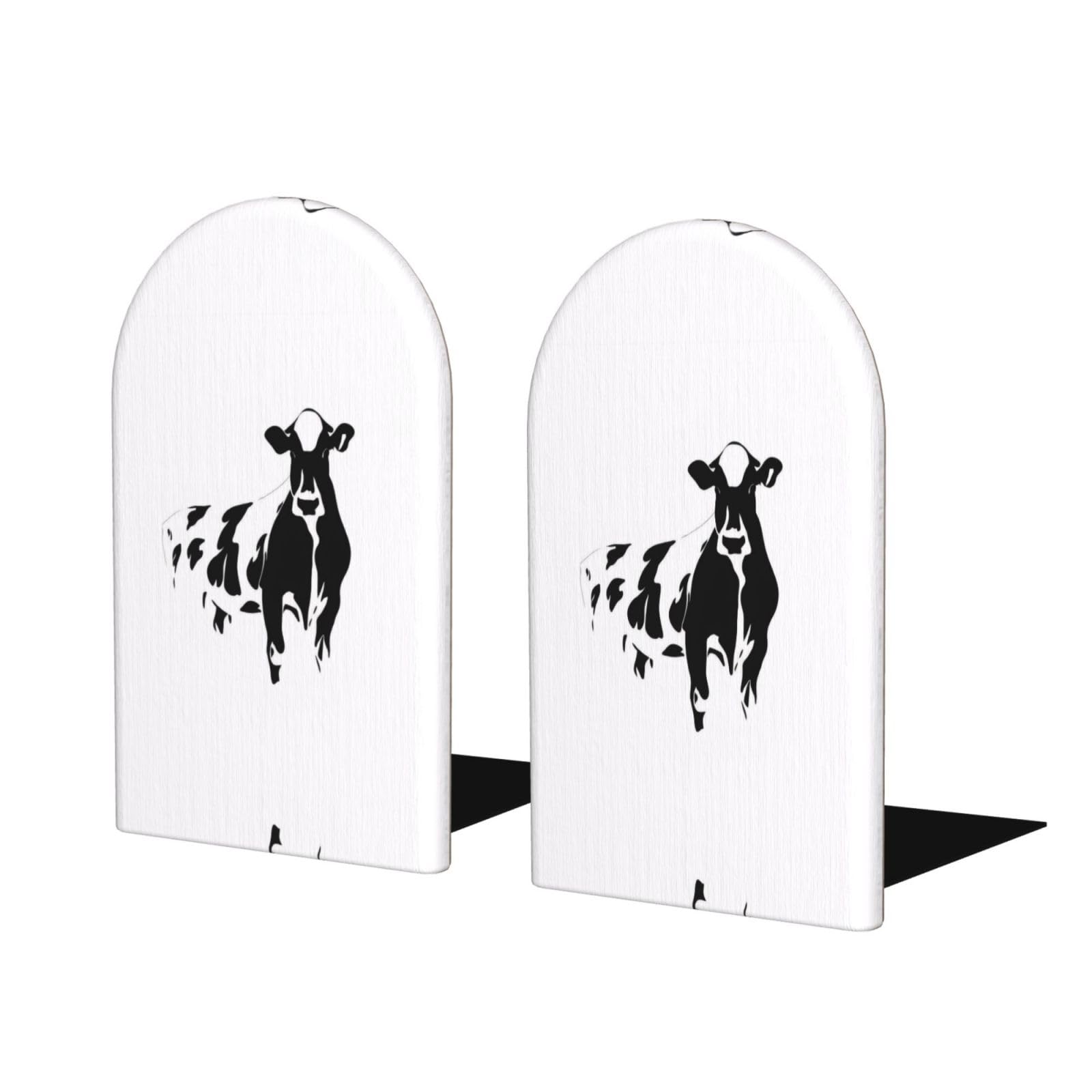 Cow in Black and White Stylish Bookends with Full-Print Design Durable Wooden and Metal Bookend Set for Home, Office