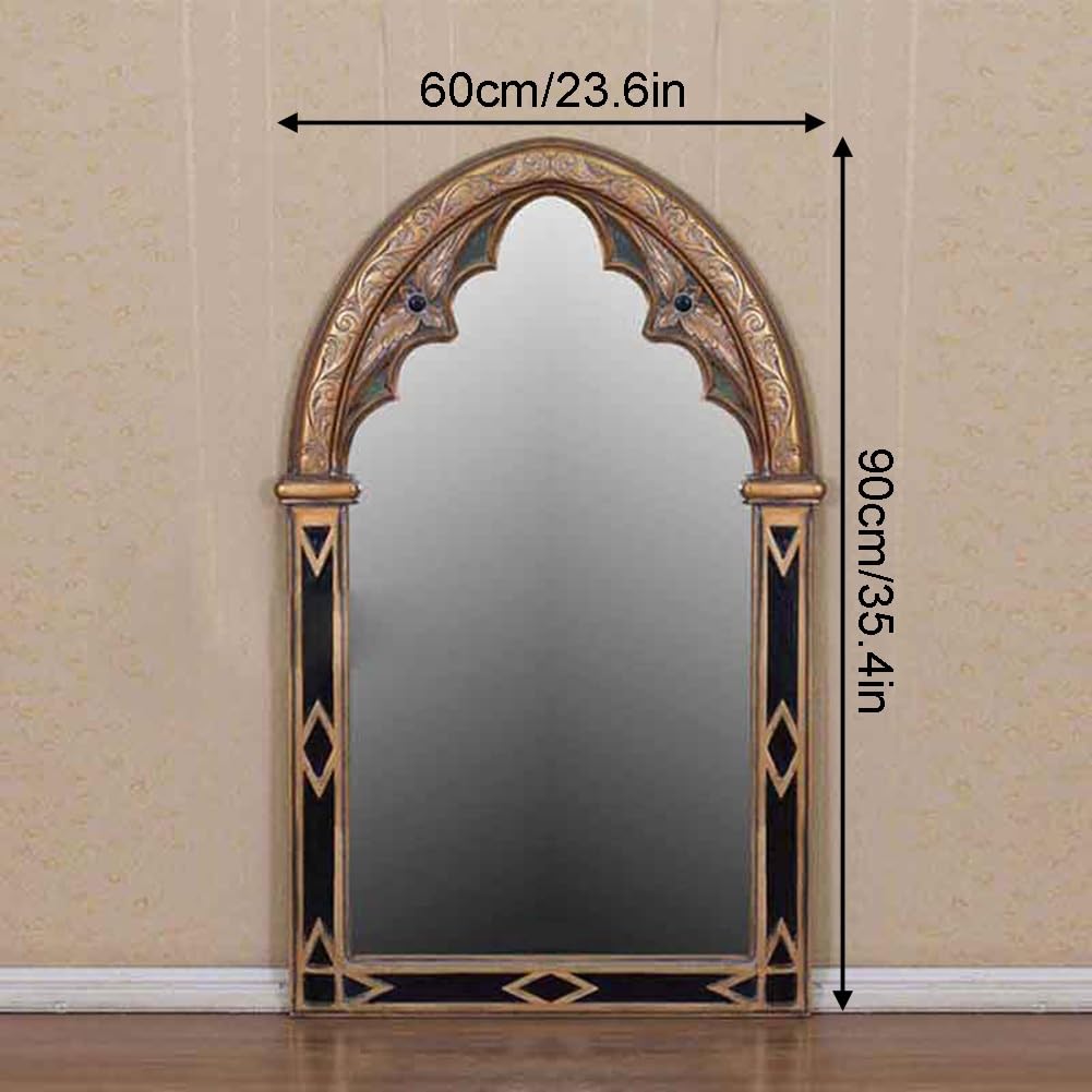 Drewniane Łukowe Lustro, Wiszące Antyczne Mosiężne Lustro Dekoracyjne do Sypialni, Salonu, Przedpokoju, Kominka, Łazienki(60x90cm)