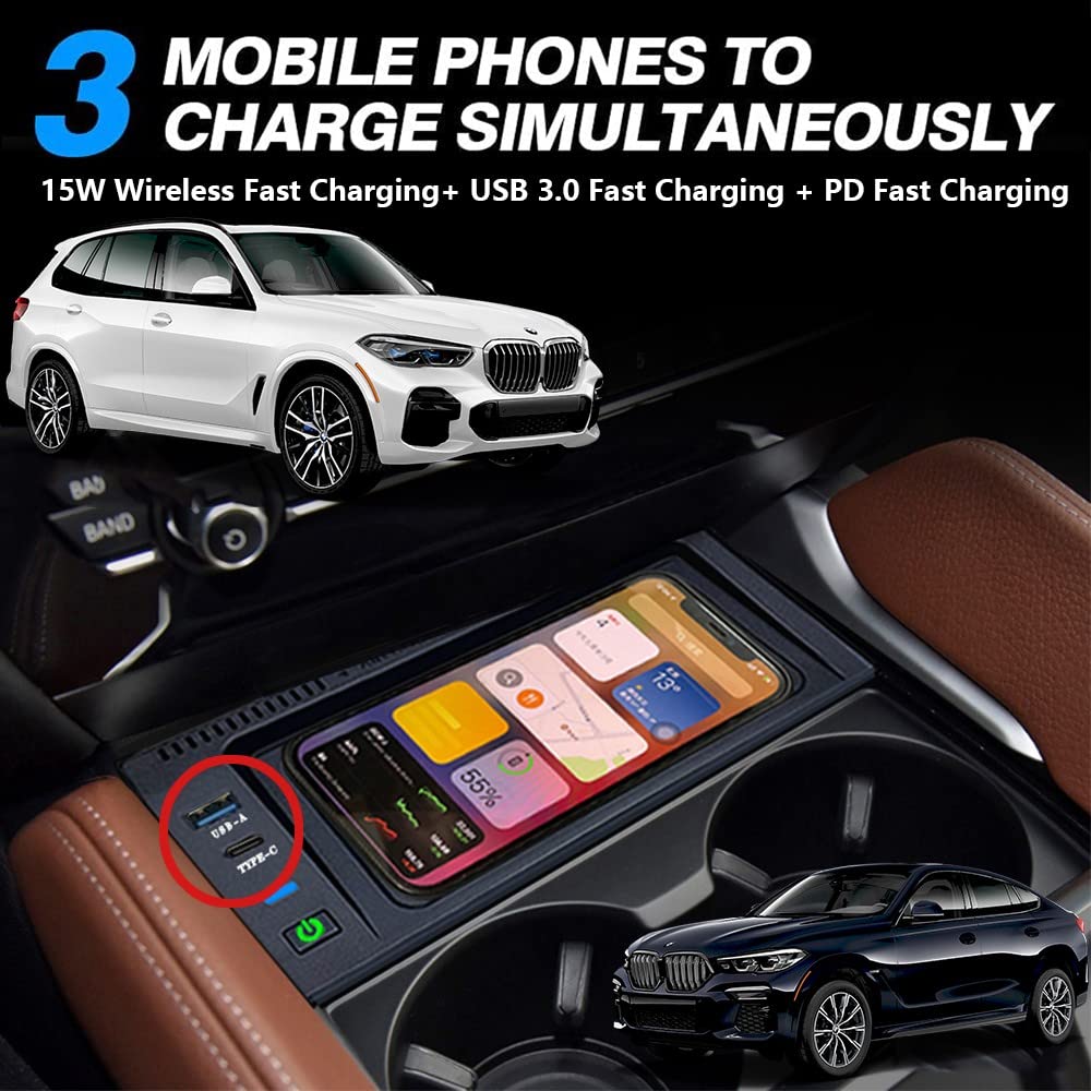 Caricatore Wireless Auto per BMW X5/X6 2014-2018 Consolle Centrale Accessorio, 15W Rapida Ricarica Telefono Pad per BMW X5 F15 2014-2018/X6 F16 2014-2019, Regalo per BMW Proprietari