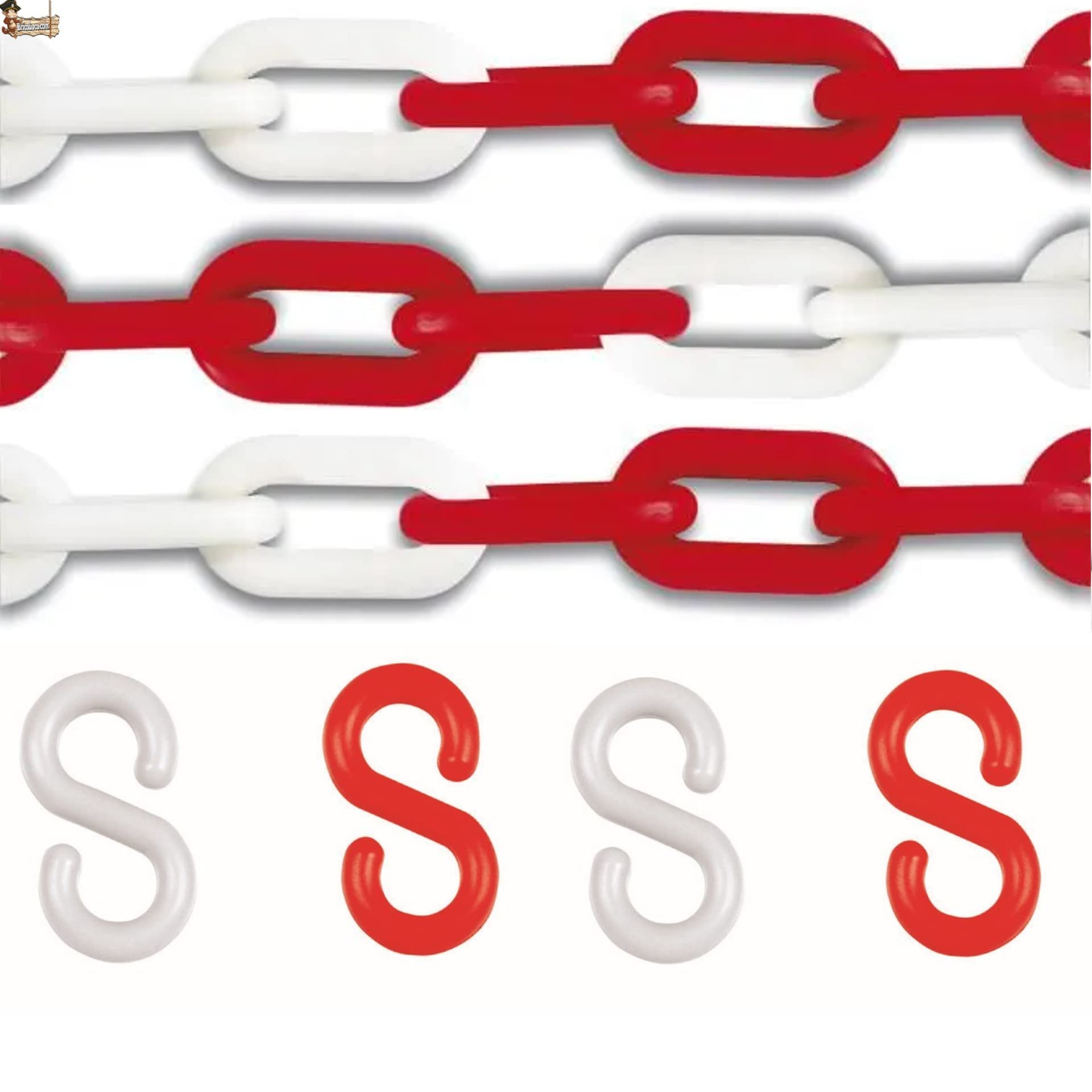 BricoLoco.com Cadena plástico eslabones roja y blanca señalización. 25 mts. de 10 mm. + 20 Ganchos S incluidos. Para poste, delimitación, balizar, separador (10 mm. Rojo Blanco, 25 mts.+20 gancho)