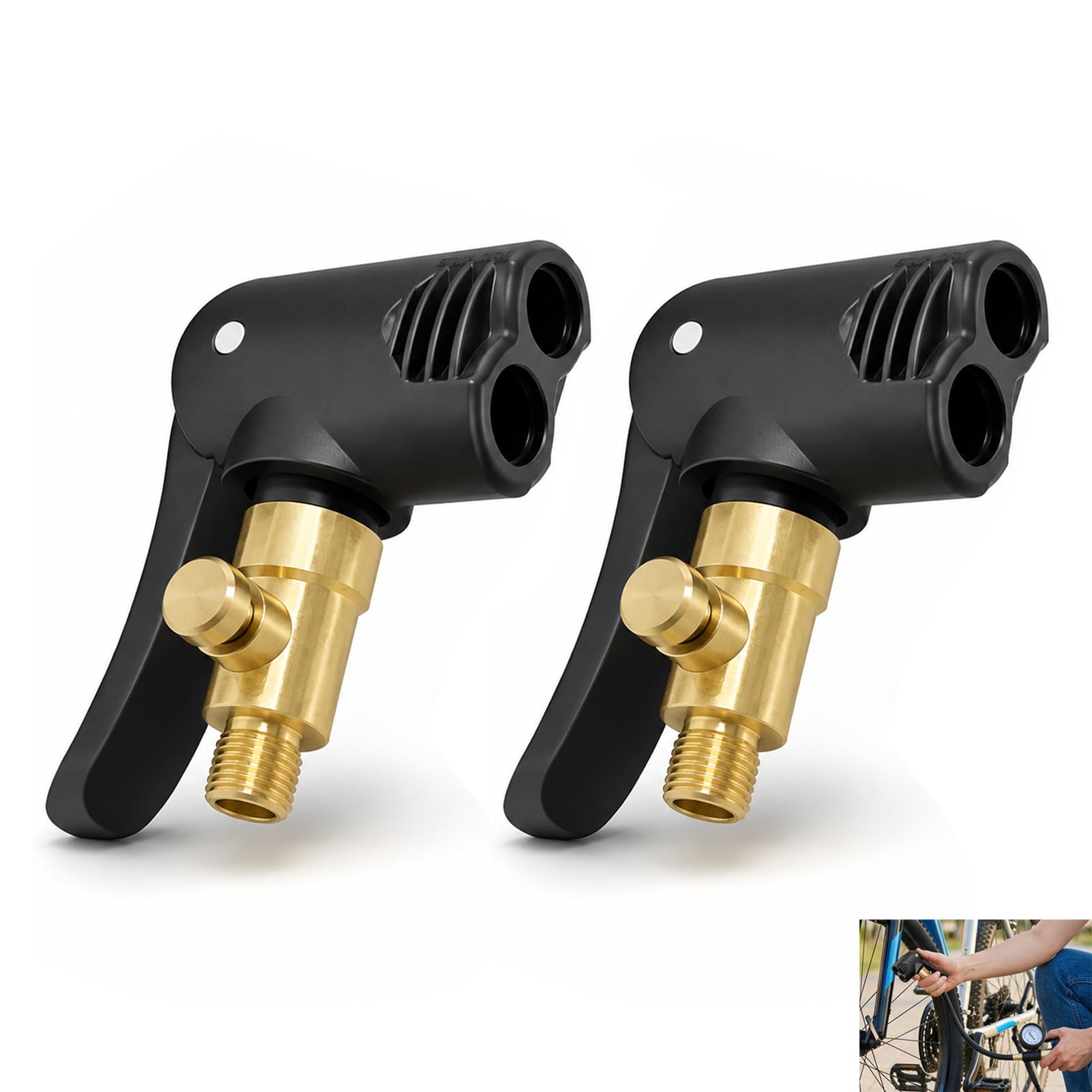 2 Stück Ventiladapter für Autoreifen, Messing mit Verriegelungsclip, Pumpenköpfe mit Gewinde für Auto, Motorrad, Fahrrad, LKW, Bus, Kompressor und Luftschlauch