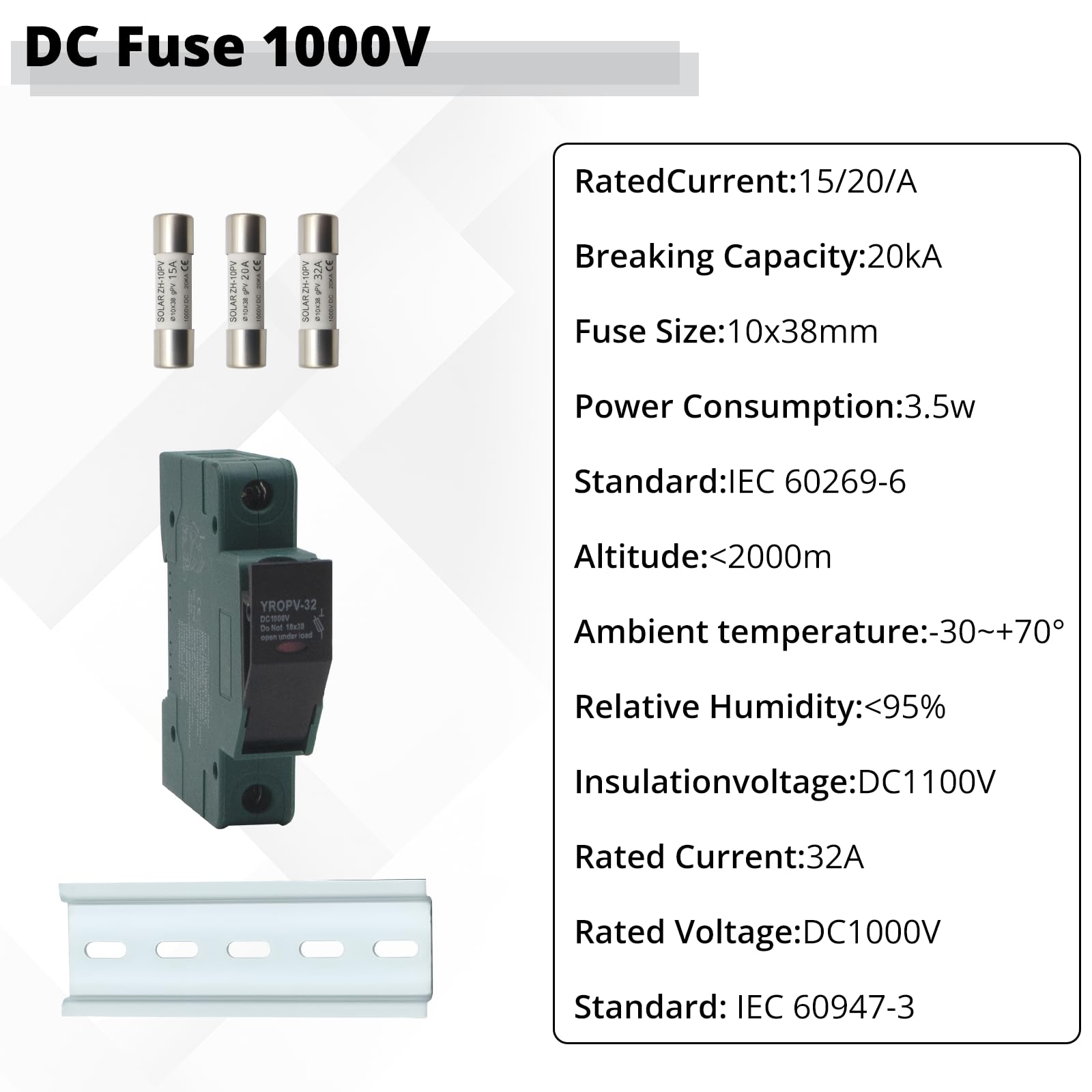 Kit di fusibili solari fotovoltaici da 32 A, 1000 V CC, con supporto, fusibile fotovoltaico da 10 x 38 mm, per montaggio su guida DIN (100 mm), impermeabile e protezione da sovraccarico