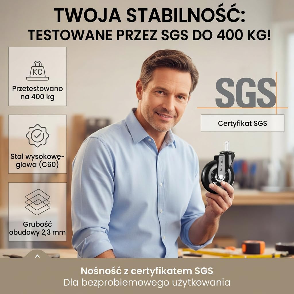 Kółka zamienne do krzesła biurowego, do parkietu, dywanu, twardej podłogi 10x22 mm kompatybilne z IKEA czarne – maks. obciążenie 400 kg – Invictus ProGlide zestaw 5 kółek
