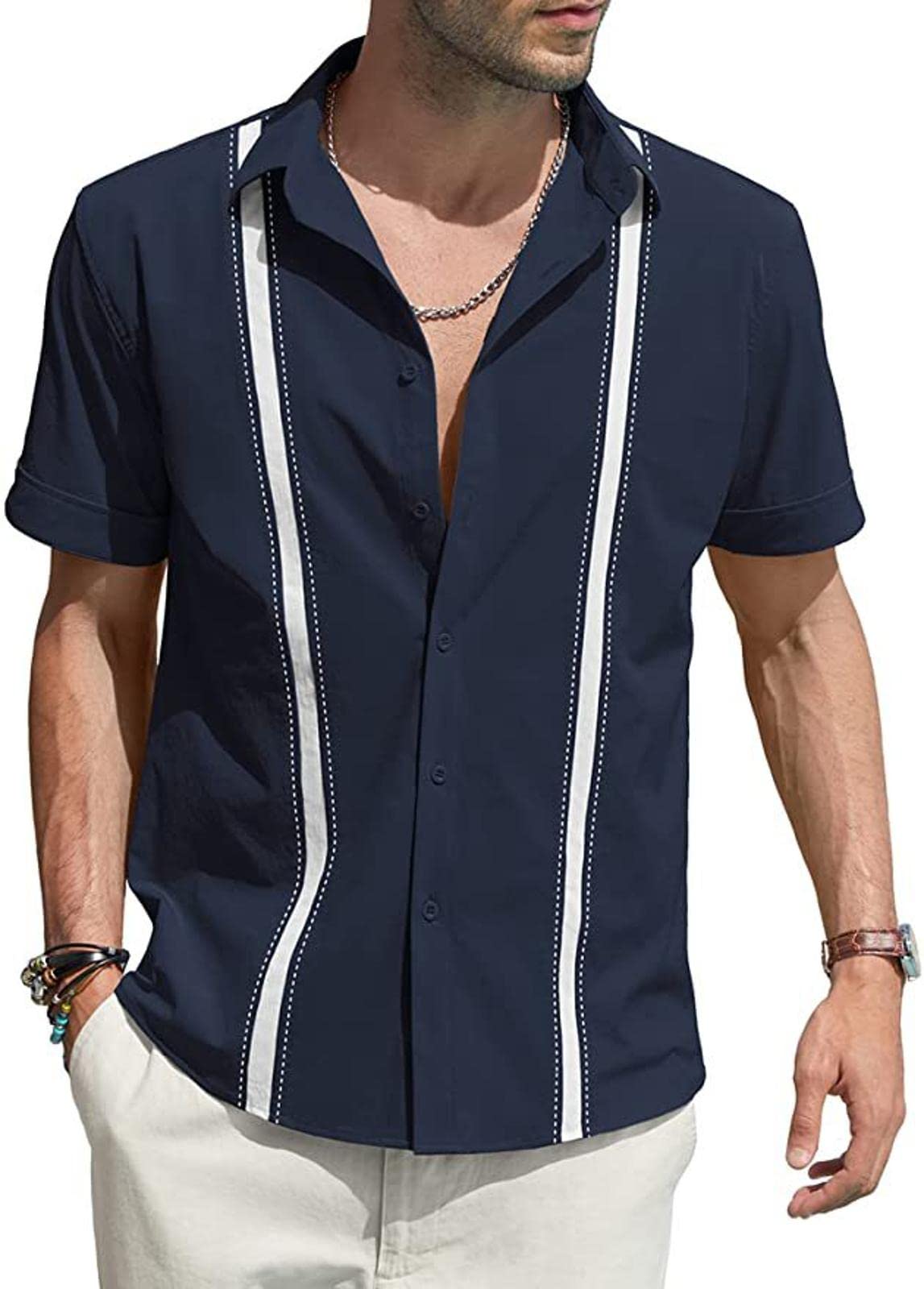 HanzhuoLG Guayabera Cubana para Hombres Camisas De Lino Verano Color Sólido Casual Solapa Suelta Camisas De Playa De Manga Corta