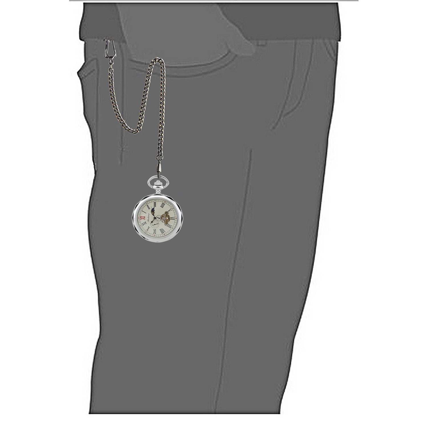 TREEWETO Mechanische Taschenuhr, römische Ziffern, offenes Zifferblatt mit Kette, 24 Stunden, Mond, Sonne + Box