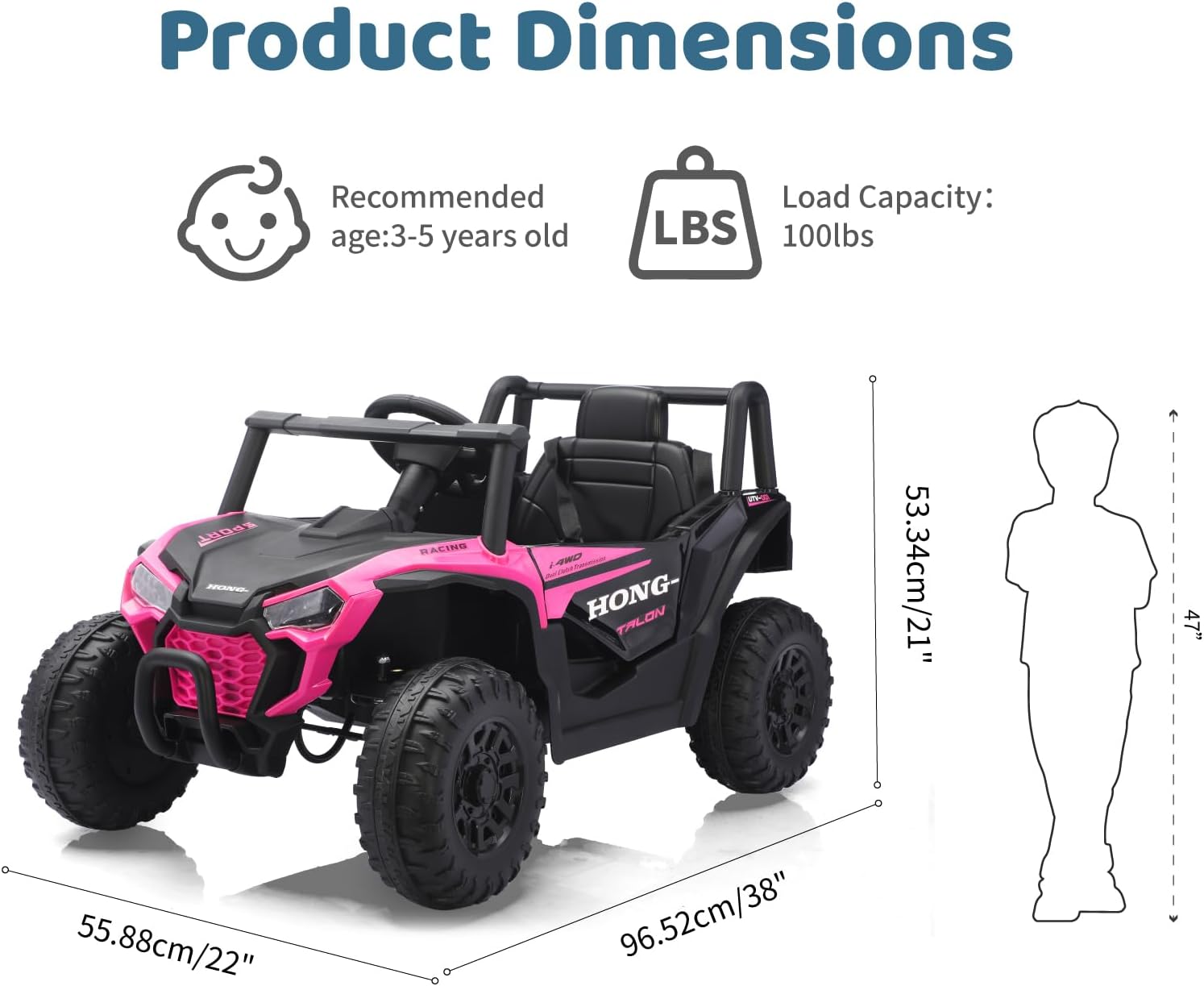 TCARAIWEN 12V Electric UTV Car with Remote Control, Ride on Vehicles with Spring Suspension, LED Headlights, Ride on 4 Wheels, Music, Horn for Toddlers Kids, Pink