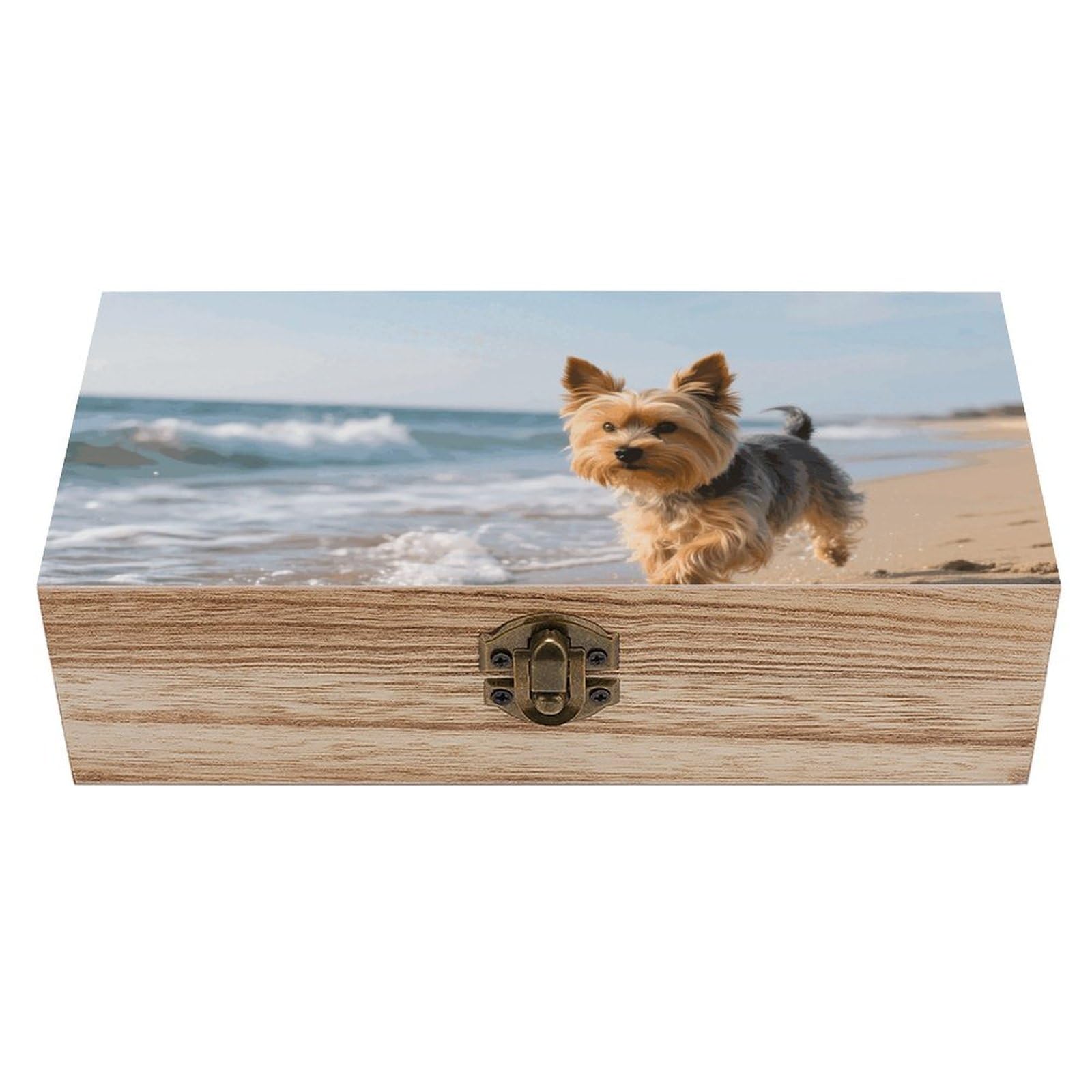 Yorkshire Terrier on Beach Wooden Keepsake Box Storage Boxes with Hinged Li