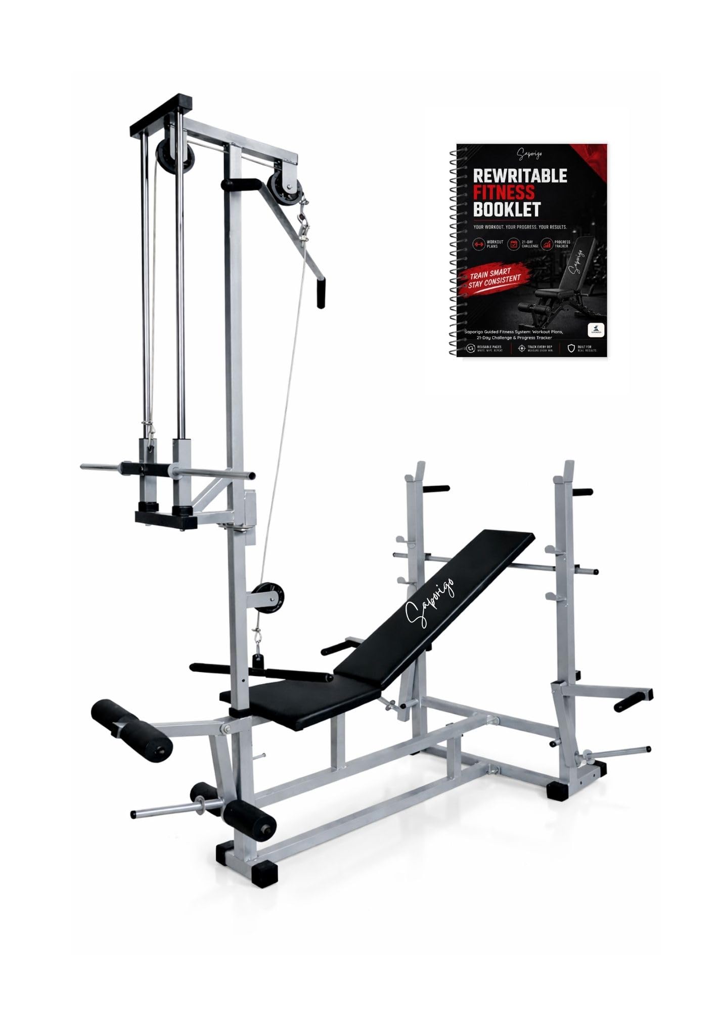 20-in-1 Heavy Duty Home Gym Bench with Lat Pull Down | Double Support | 240 kg Capacity | Adjustable Incline/Flat/Decline Weight Bench for Full Body Workout (Silver)-image-44