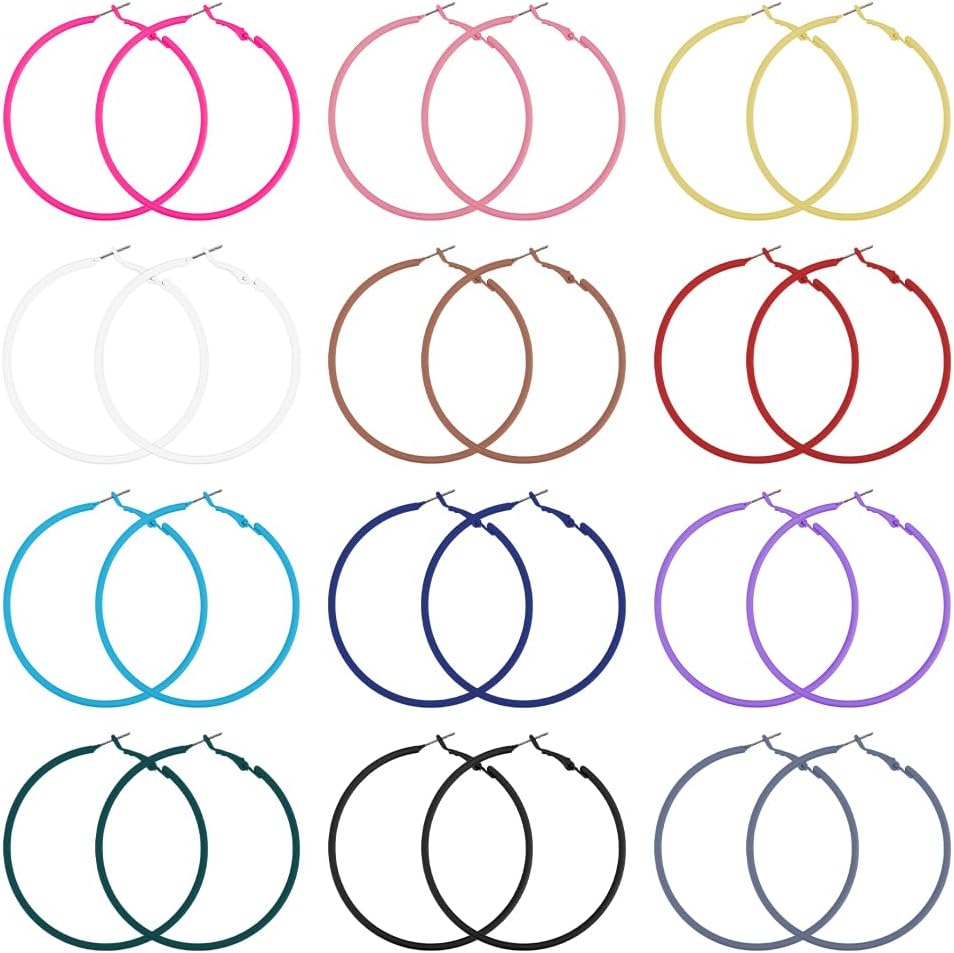 DICOSMETIC 12 Pairs 12 Colors Colorful Hoop Earring Alloy Huggie Hoop Earrings 59mm Neon Earrings Circle Retro Earring Cute Statement Earrings Fashion Jewelry for Women
