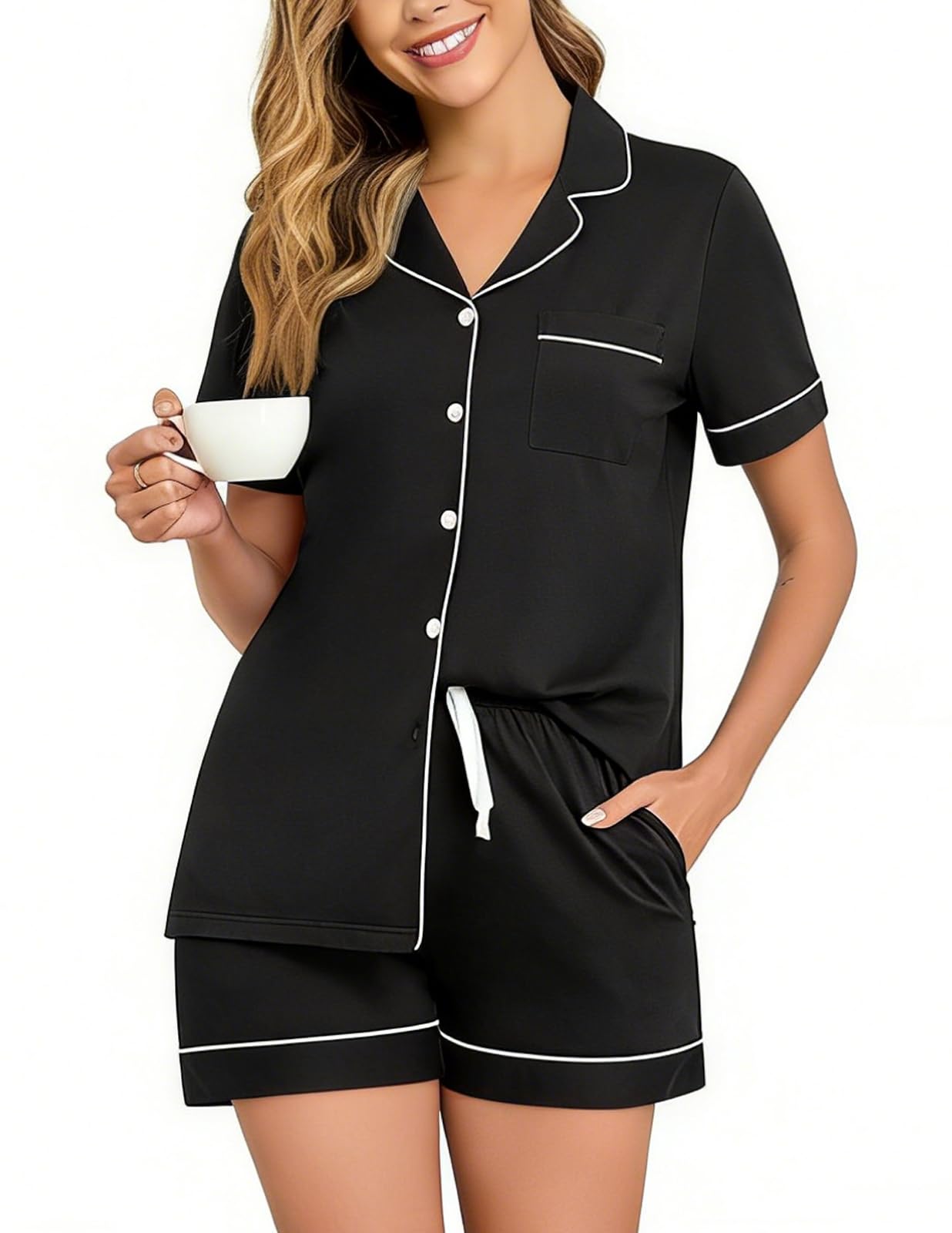 Veseacky 100% Cotton Pajamas for Women Set Short Sleeve Button Down Sleepwear Soft 2 Piece Summer Pjs Lounge Sets S-XXL
