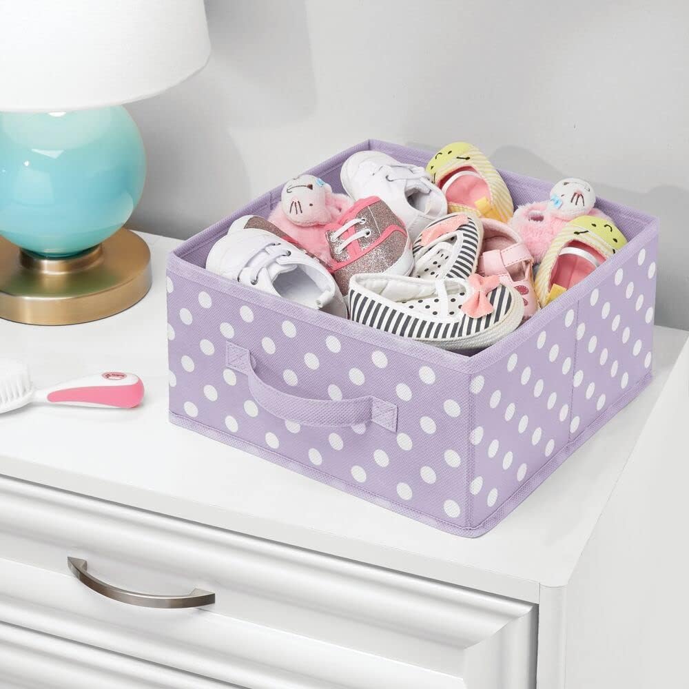 mDesign Soft Fabric Closet Storage Organizer Bin Box - Front Handle, for Cube Furniture Shelving Units Bedroom, Nursery, Toy Room - Polka Dot Print - 2 Pack - Light Purple/White