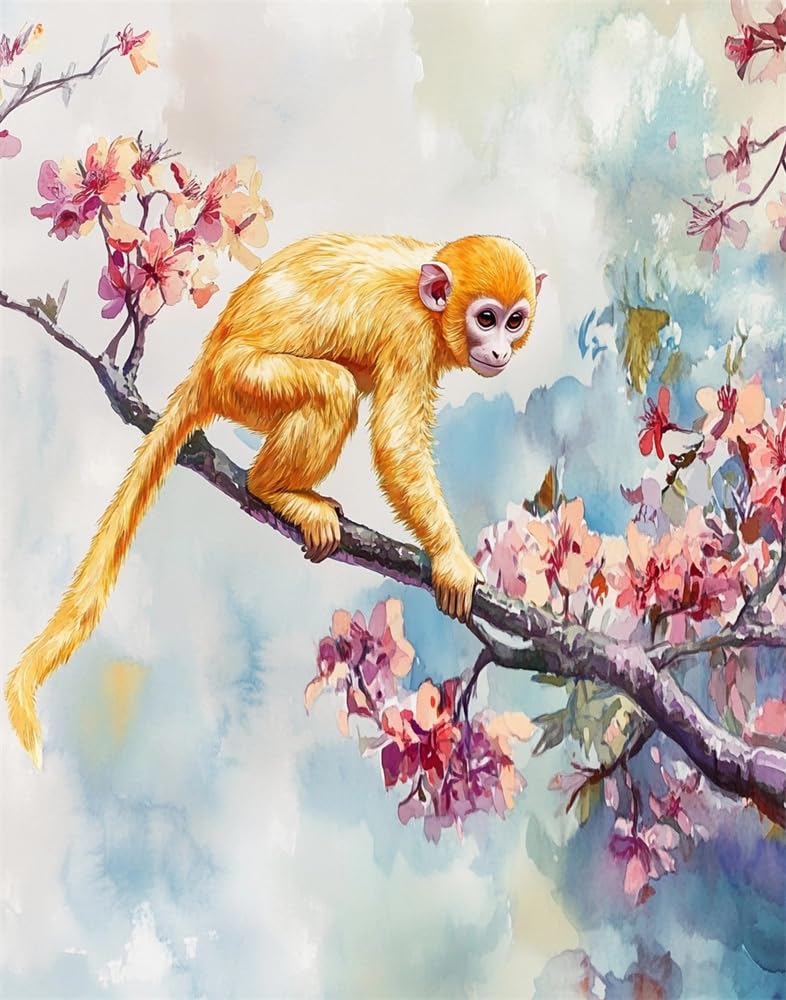 Henypt Cross Stitch Kits for Adults Beginners Pre-Printed Easy Funny Pattern Monkey Standing On A Plum Blossom Branch 11Ct DIY Embroidery Crafts for Needle Point Starter Kit Home Decor Wedding Gift