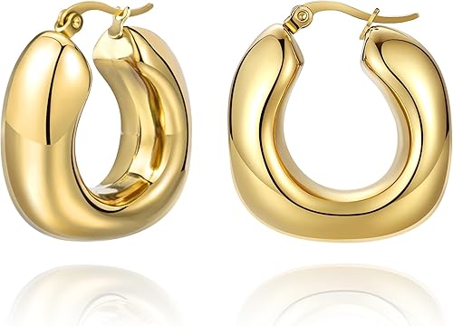Aretes de aro de oro grueso, aretes de acero inoxidable para mujer, chapados en oro de 18 quilates, pequeños, gruesos, hipoalergénicos, joyería de