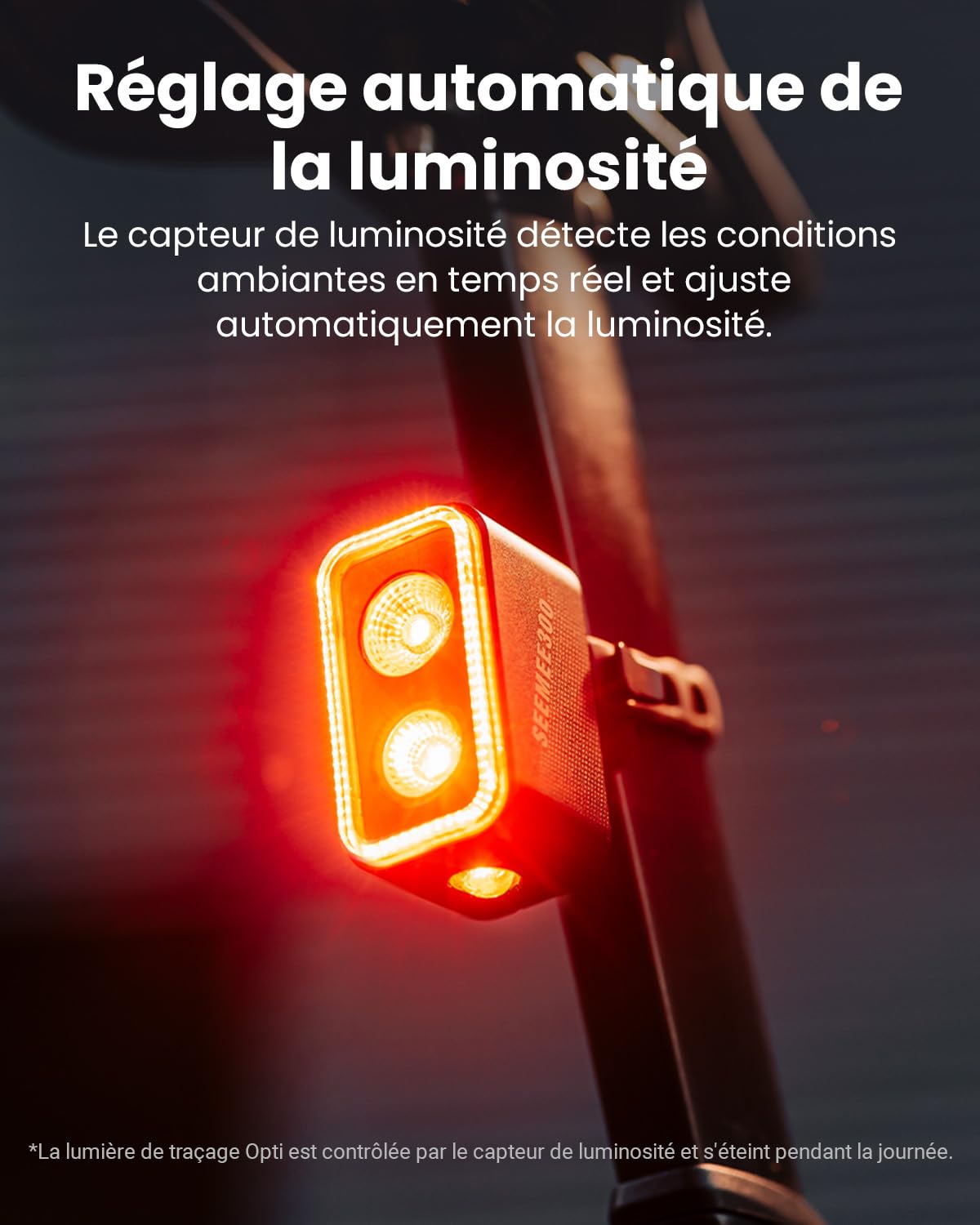 Feu arrière de vélo SEEMEE 300, 300 lumens, 5 Modes Nuit et Jour, capteur de freinage Intelligent, étanche IPX6, Rechargeable par USB-C, pour la Conduite de Nuit