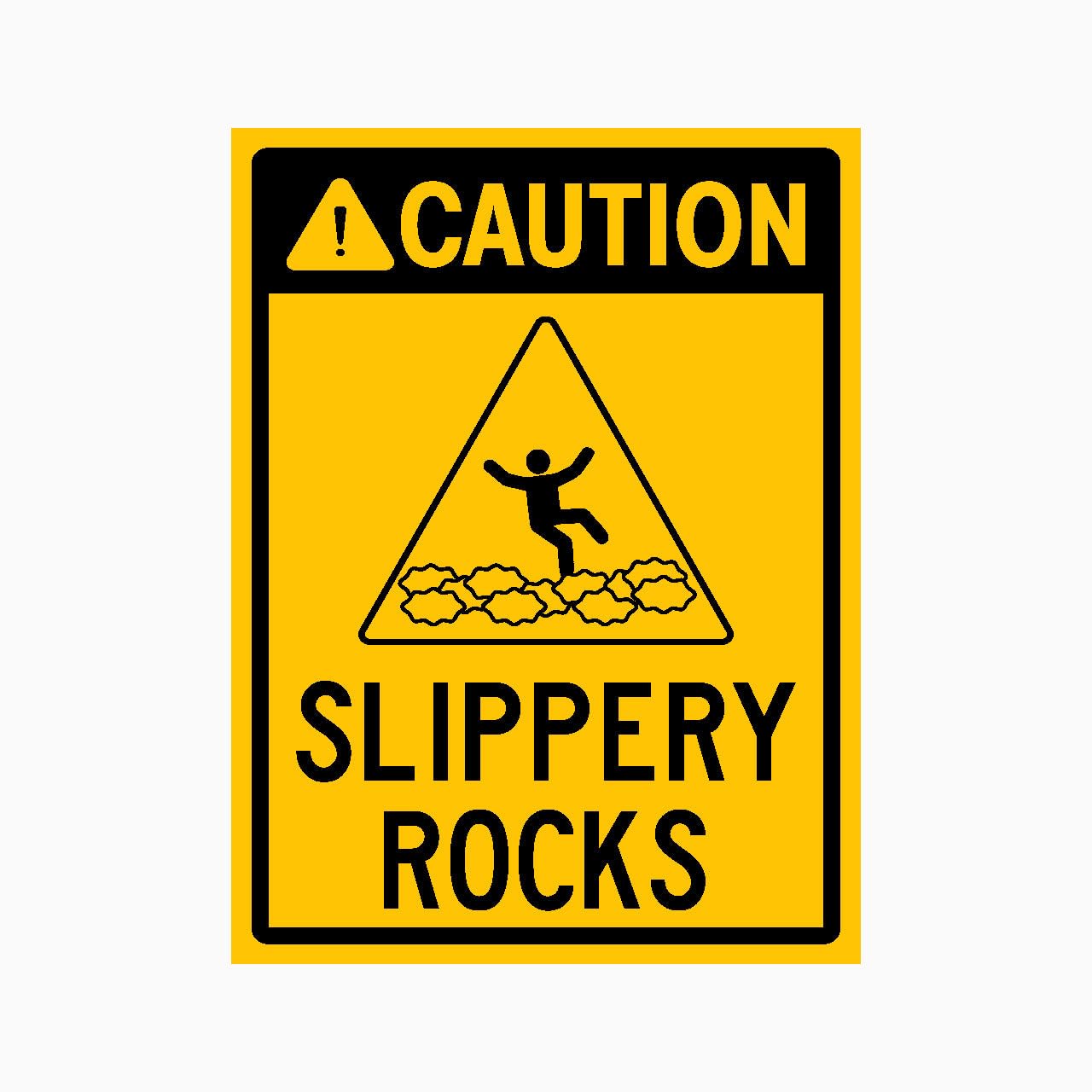 CAUTION SLIPPERY ROCKS Sign, 12x8 Metal Tin Sign, Rock surfaces are slippery.
