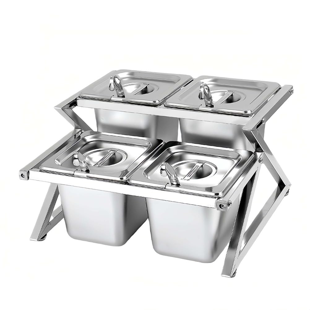 Aycdl Silver Spice Organizer - Double Layer Stainless Steel Storage Rack With Lids And Spoons For Efficient Ingredient Prep,-01