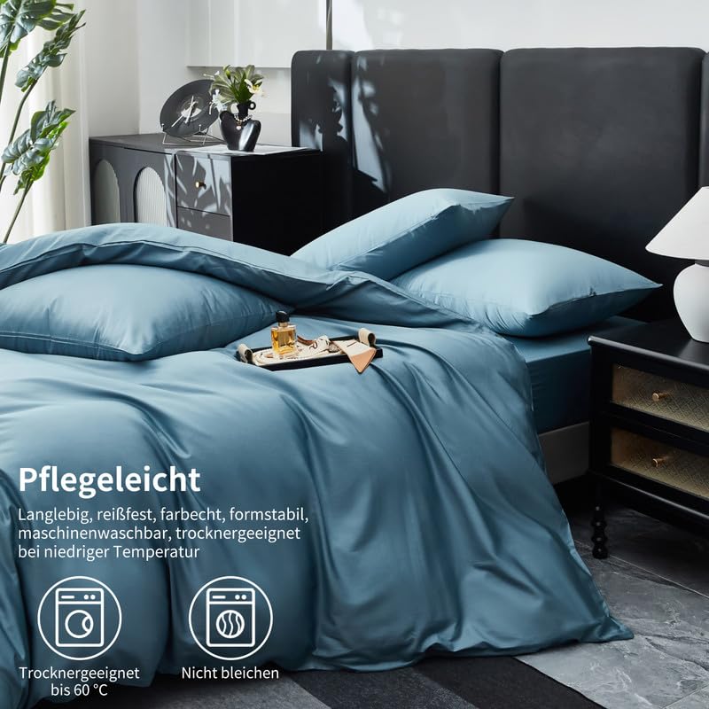 Gezu Mako Satin Bettwäsche 155x220cm Baumwollesatin Bettbezug Blau Petrol 3 Teilig Weich Atmungsaktiv Bettwäsche aus 100% Baumwolle Bettbezug 155x220cm und 2 Kissenbezug 80x80 mit Reißverschluss