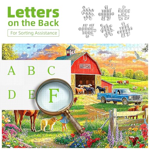 Image of Country Farm Life 500 Piece Adult Jigsaw Puzzle Red Barn & Horse Sunset Countryside Landscape Puzzle with Letters on Back Family Challenge Games Gift for Adults and Seniors(23x15 Inch)