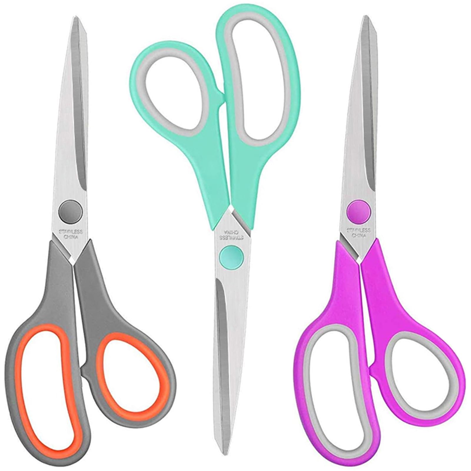 Ibamya Green,Purple,Grey Paper Scissors 3 Pack, Sturdy 8" Stainless Steel Office Scissors With Ultra Sharp 2.5Mm Blades, Comfort-Grip Handles, Multipurpose Shears For Home School Office Art Craft Sewing Tailor