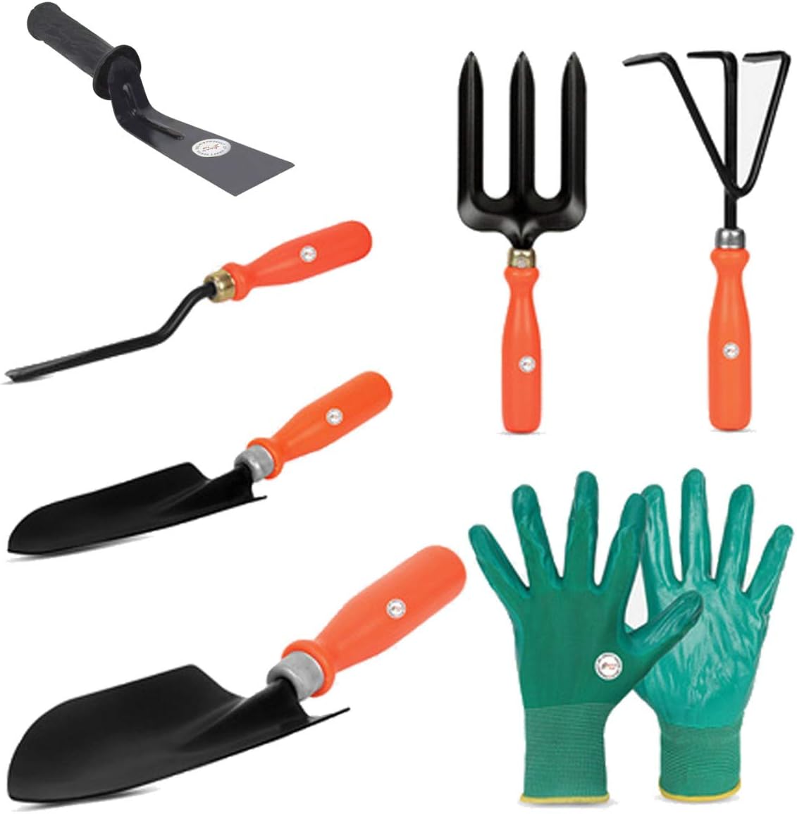 Kraft Seeds Garden Tool Kit (7-in-1) | All Needs Tool Kit (Weeder, Pair Hand Gloves, Cultivator, Small Trowel, Big Trowel, Khurpi, Weeding Fork) | Orange Ergonomic Handles, Black Metal Blades