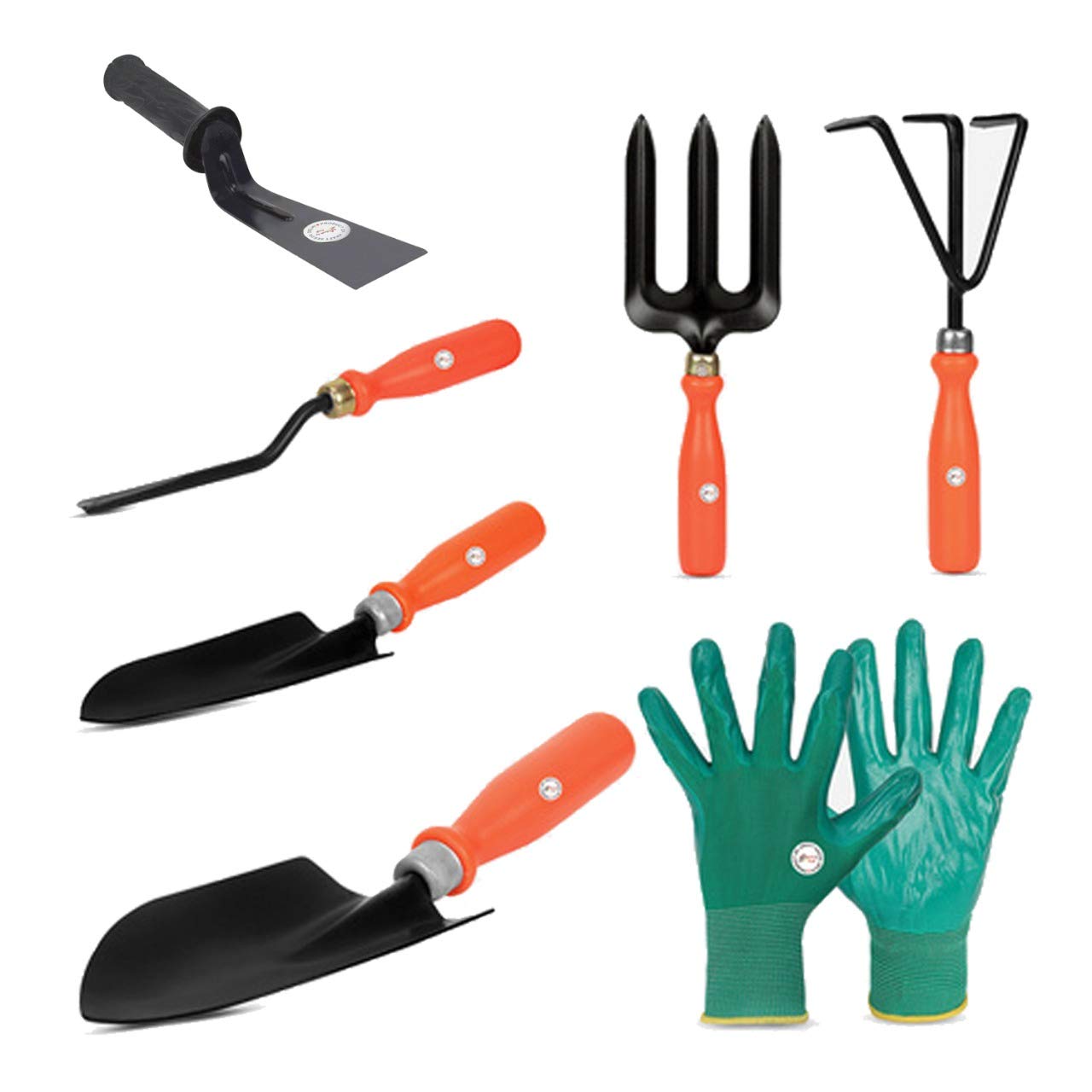 Kraft Seeds Garden Tool Kit (7-in-1) | All Needs Tool Kit (Weeder, Pair Hand Gloves, Cultivator, Small Trowel, Big Trowel, Khurpi, Weeding Fork) | Orange Ergonomic Handles, Black Metal Blades