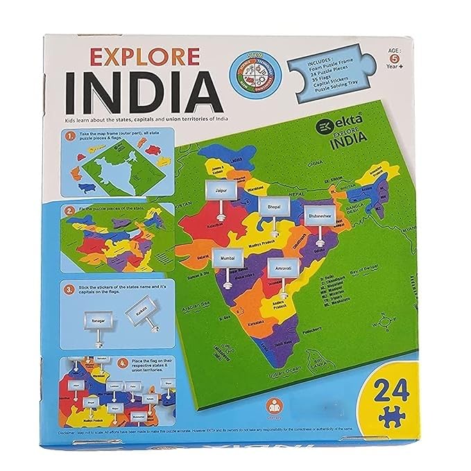 Image of Explore India Map Puzzle for Kids | India Map with State Capitals | Puzzle Foam Map for Educational | Jigsaw Puzzle and Learning Aid Games for Kids | Foam Puzzle Games | 24 Pieces - Blue