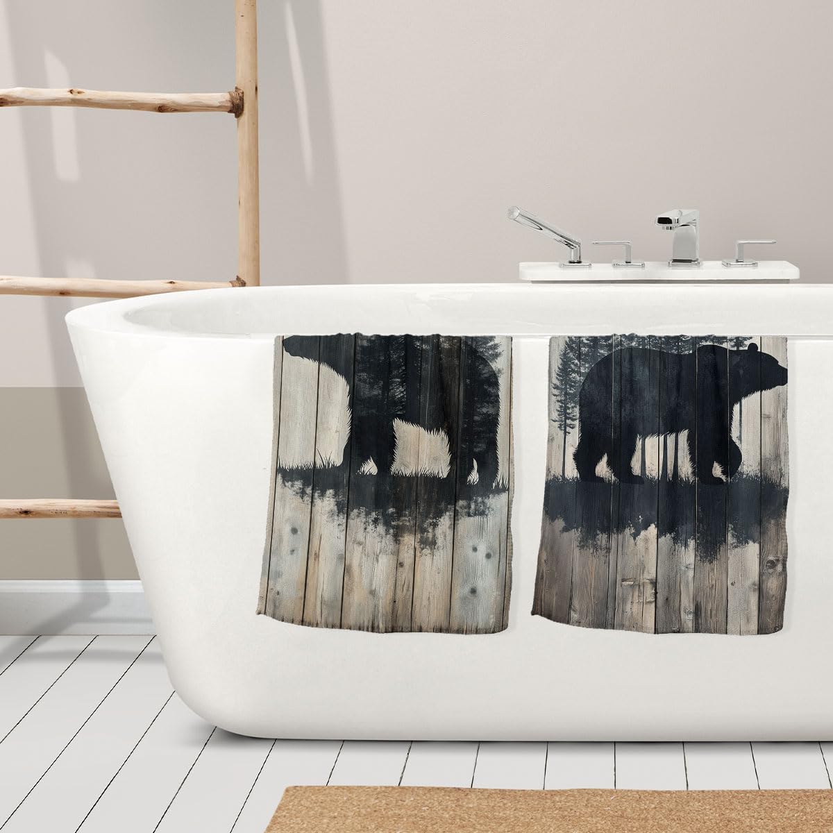Black Bear Hand Towels Set of 2, Bear Paw Prints Pine Wood Grain Murals Bathroom Kitchen Towels Soft Absorbent Bath Fingertip Decorative Towel for Guest Gym Spa - Image 6