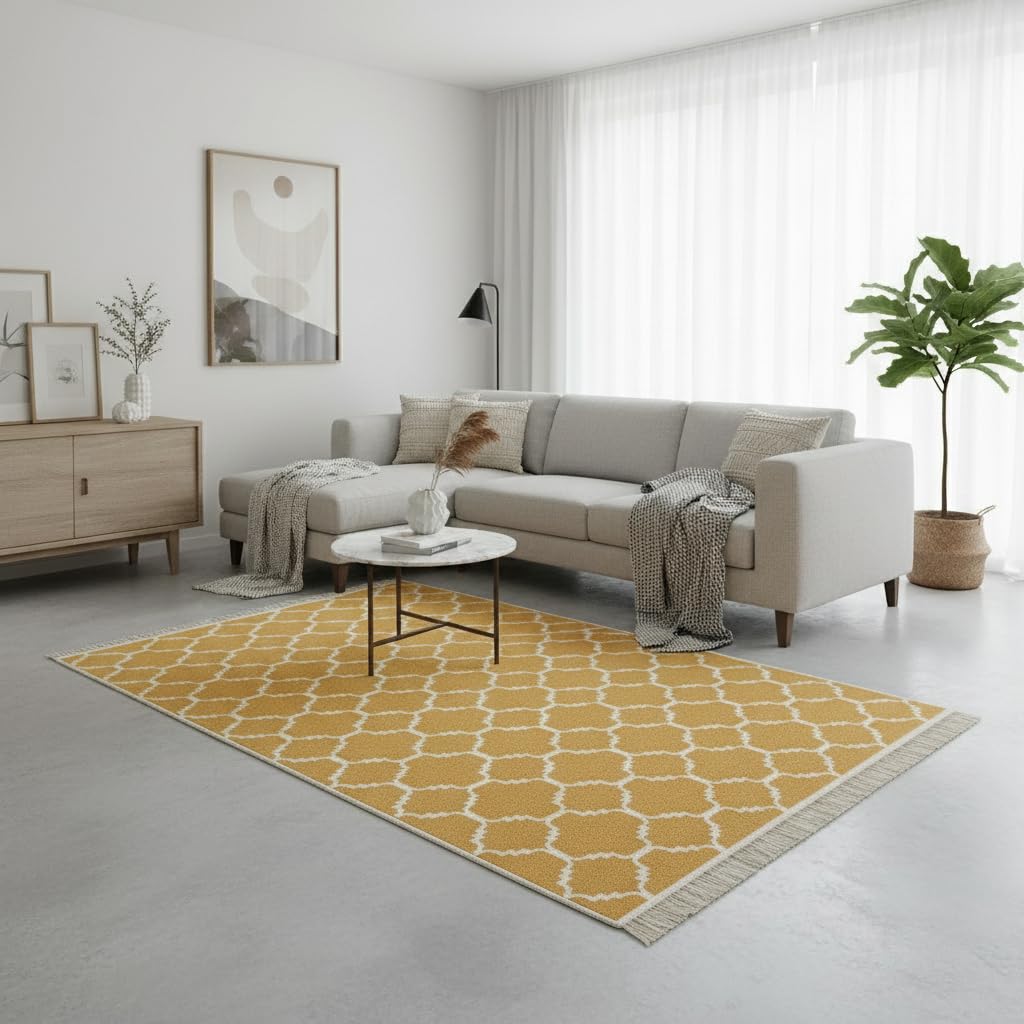 Jimri Alfombra de Pasillo - alfombras para salón, Dormitorio, Cocina, habitación Infantil, baño - Alfombra Boho Kelim - Morocco-Gold White, 160 x 230 cm