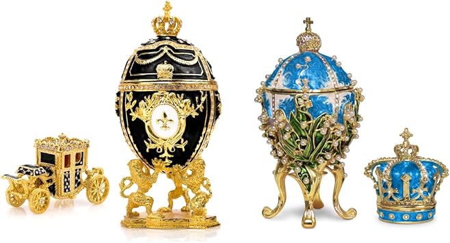 Decorative Black Royal Easter Egg Replica and Blue Lilies of The Valley Easter Egg Replica with Vintage Carriage and Trinket Crown Box