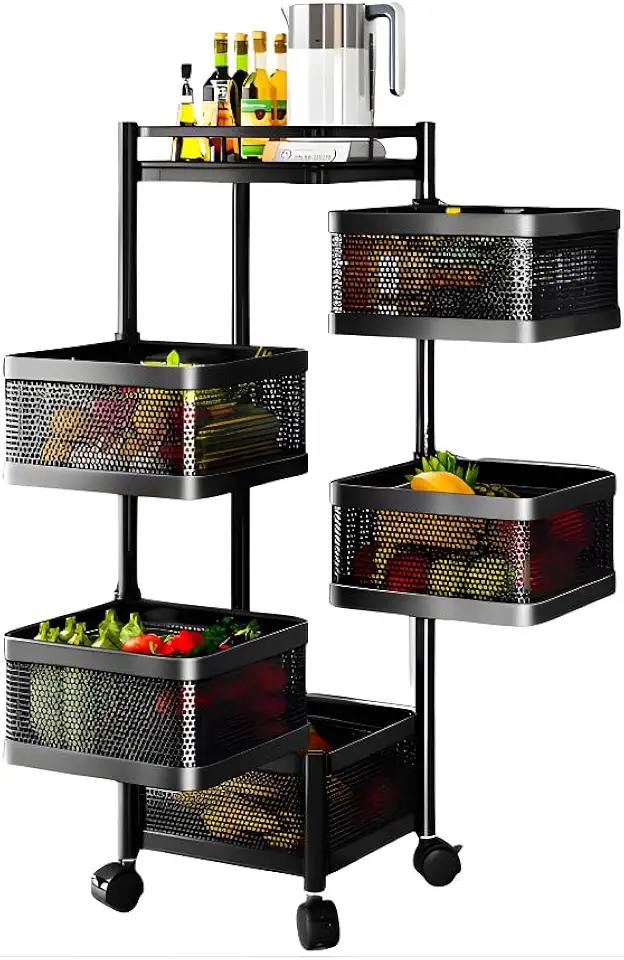 Fruteira Articulada 5 Andares Com Rodas Cesta Giratória Quadrada Preta