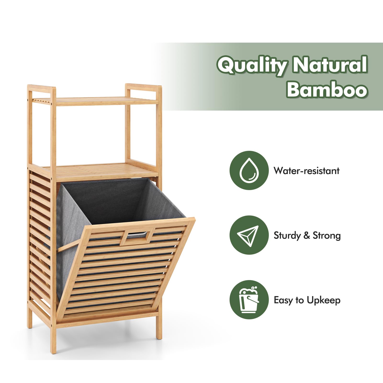 LIFEZEAL Cesto Portabiancheria a 1 Scomparto, Mobile Biancheria Sporca e Mobiletto Bagno, Lavanderia, con Sacco Rimovibile, Cesta Estraibile, Telaio in Bambù, Piano Portaoggetti, 43,5x33x96cm