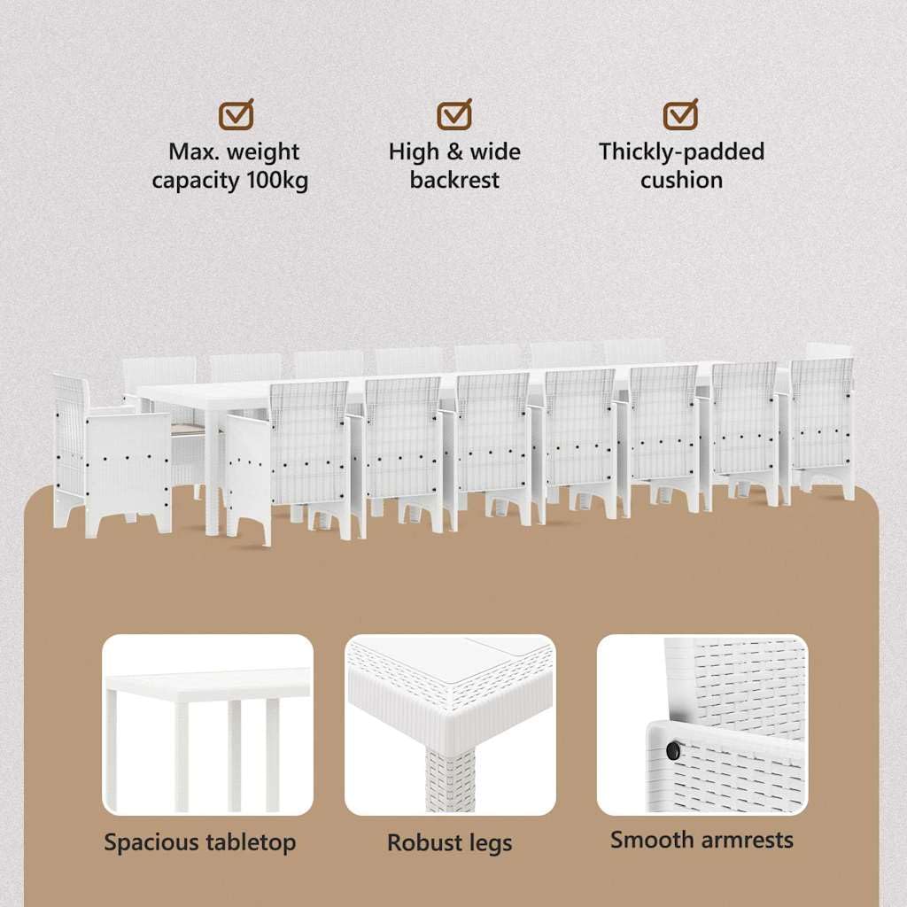 vidaXL Set da Pranzo da Giardino con Cuscini 17 PCS Bianco PP, Set da Pranzo per familiari all'aperto, Rettangolare, arredo Moderno, Chic per Feste in Giardino