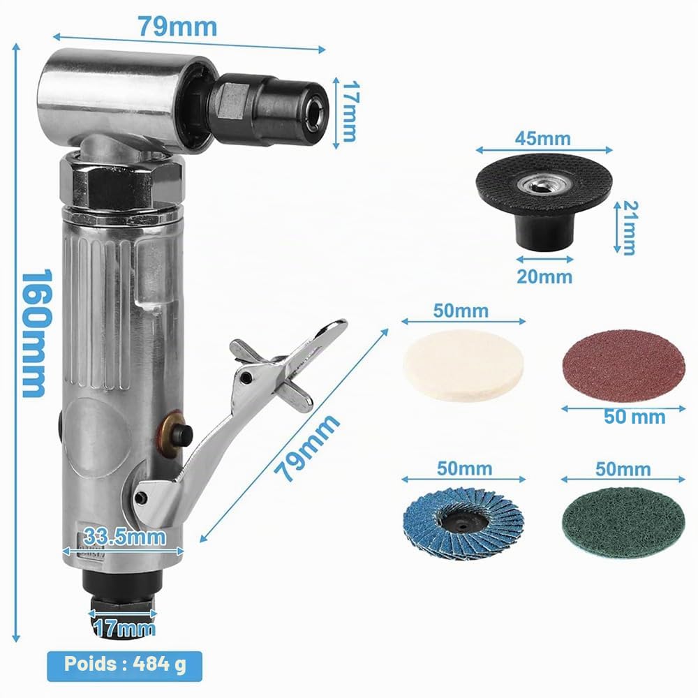 Meuleuse pneumatique, meuleuse d'angle d'air comprimé, meuleuse d'angle d'air, 40 pièces, 90 degrés, 22002 tr/min avec 1/4 NPT pierres à meuler et disques de ponçage pour meulage, polissage
