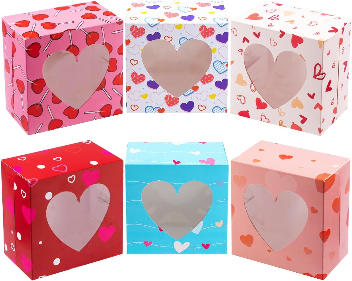 joyin 24 pcs valentine’s day bakery treat boxes, valentines cupcake boxes, cookie boxes with window for holiday pastries, doughnut, cookie, cupcakes, brownies, truffles gift giving pink
