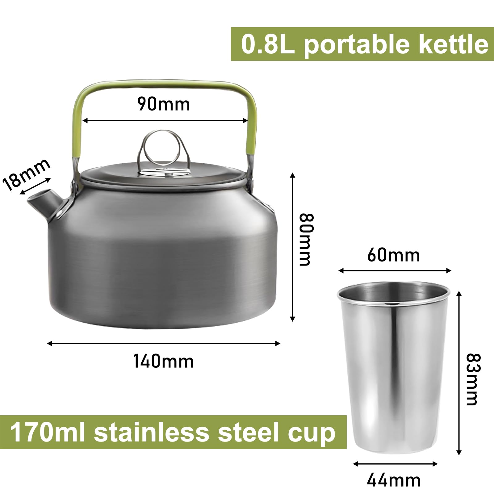 GOMETY Bouilloire de camping pour 2 à 3 personnes, théière de 0,8 l avec 4 gobelets en acier inoxydable, facile à plier, durable, en aluminium, avec sac de transport