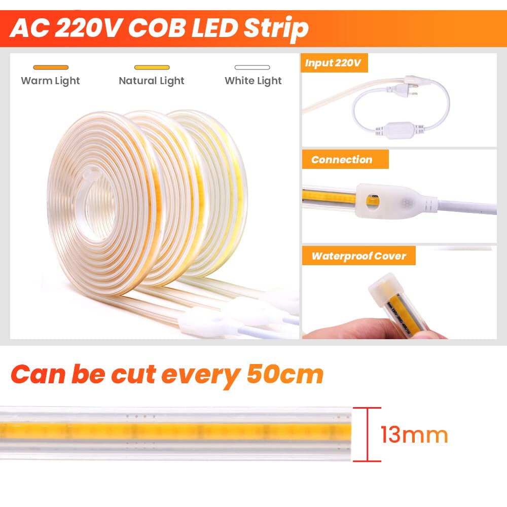 XUNATA Striscia LED COB Flessibile 220V, IP65 Impermeabile, Nastri LED ad Alta Luminosità da 360 LED/m con Cavo di Alimentazione (12m, Bianco Freddo, 6000K)