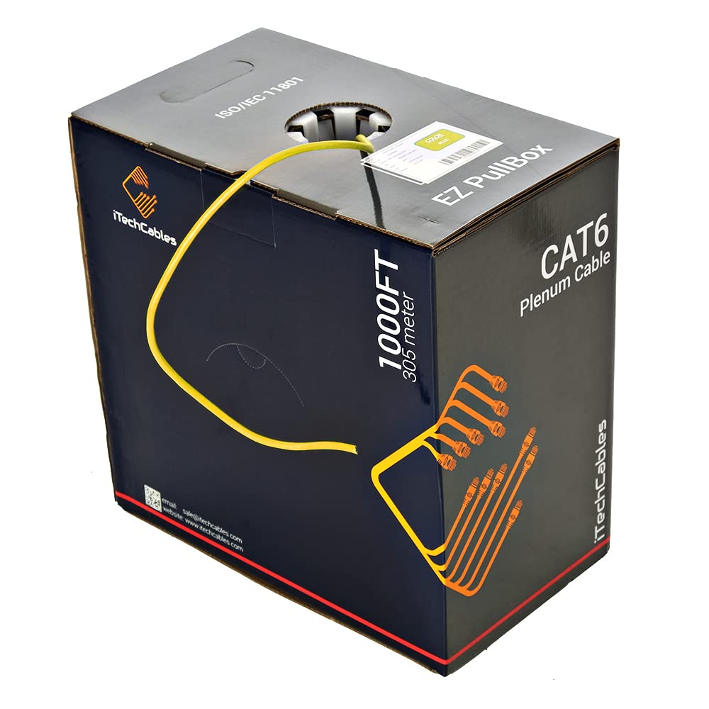 iTechCablesCAT6 Plenum Bulk Ethernet Cable 1000ft (CMP Rated) | Fluke Test Passed | 23AWG 4Pair Solid, 550-MHz | Unshielded Twisted Pair (UTP) | Up to 10 Gigabit, Yellow