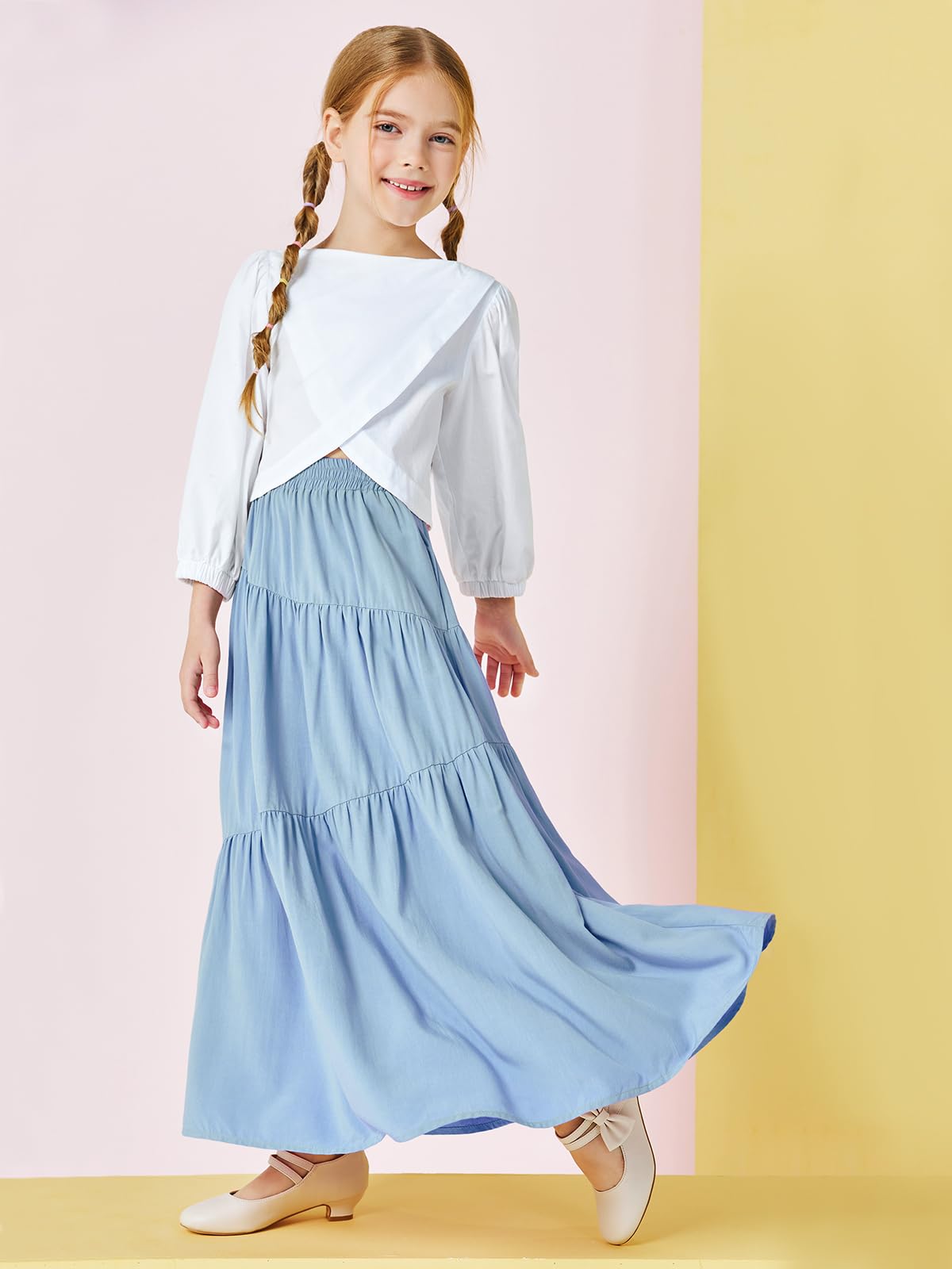 Haloumoning Maxi gonna elastica a vita alta da bambina, stile bohémien, a strati, plissettata, con tasche, 5-14 anni