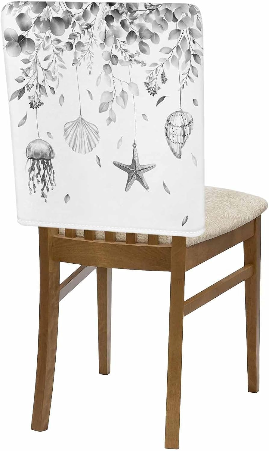 Gray Coastal Chair Back Covers for Dining Room, Eucalyptus Leaves Beach Linen Polyester Back Chair Protector, Starfish Shells Botanical 4 Pcs Back Covers for Dining Chair Decoration, 20 x 19 In