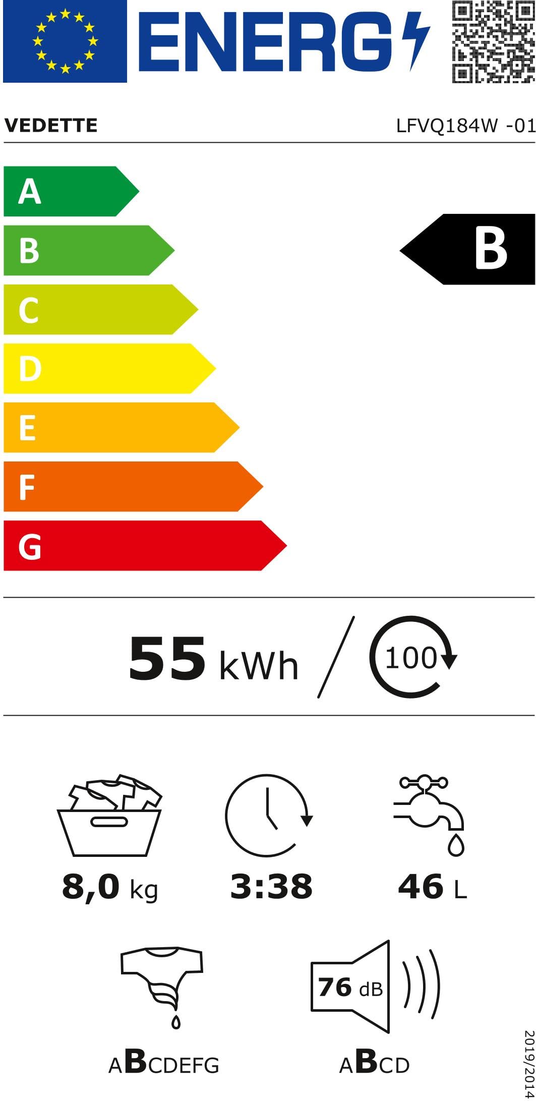 Vedette LFVQ184W, Lave linge Front, 8kg, 1400 trs/min, Blanc