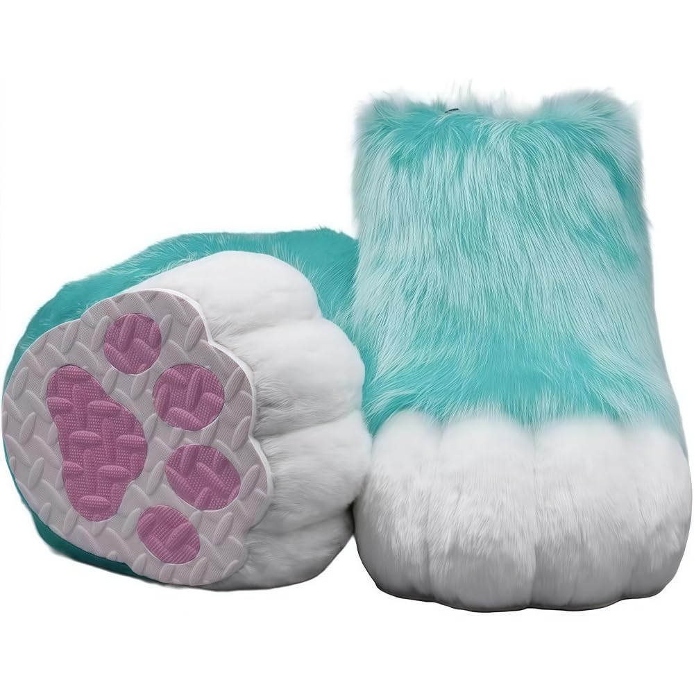 Fursuit feet paw Shoes kit Plush Furry Boots fursuit Costume paw Shoes Halloween Accessories Cosplay Costume Comic Exhibition (Light Green, 9.84 in)