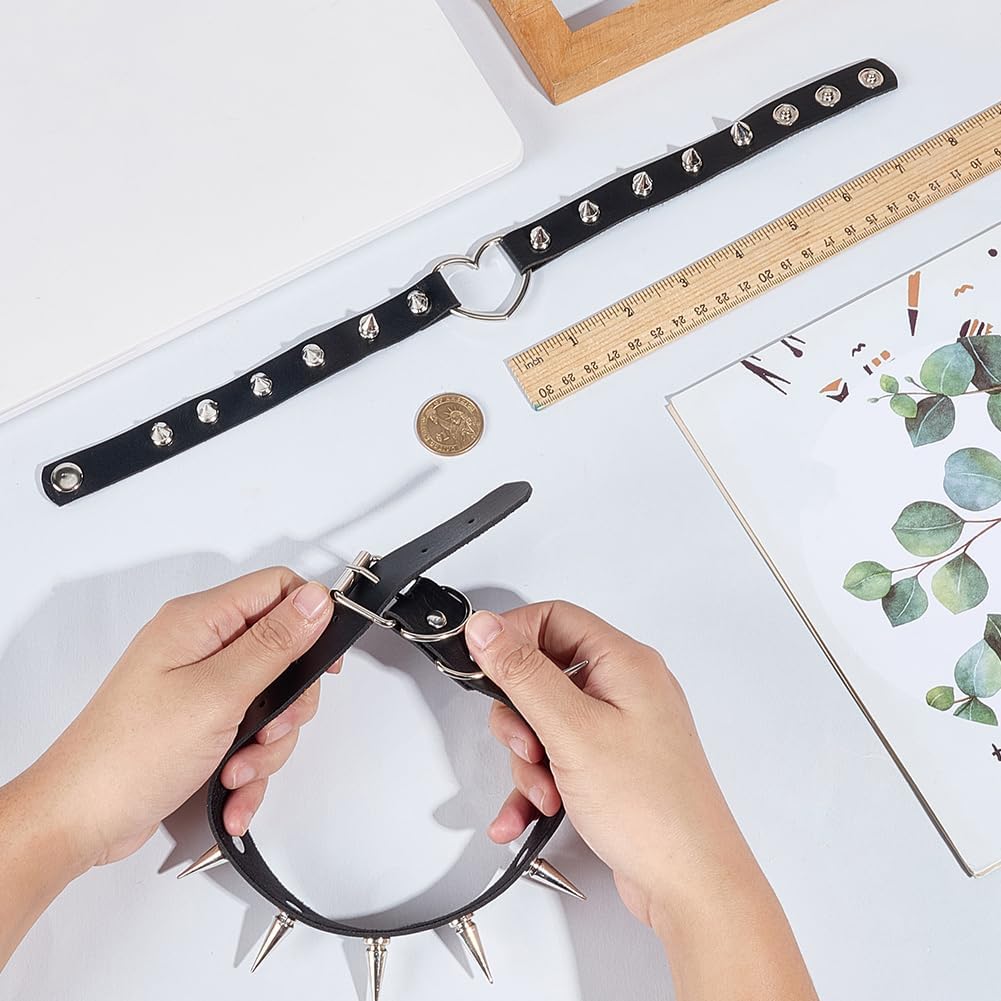 2PCS PU Leather Punk Rock Spiked Choker Gothic Studded Rivets Collar Alloy Hollow Heart Choker Cosplay Jewelry Collar Chain Necklace Decorations for Women Party Cosplay Decorations (Black) - Image 3