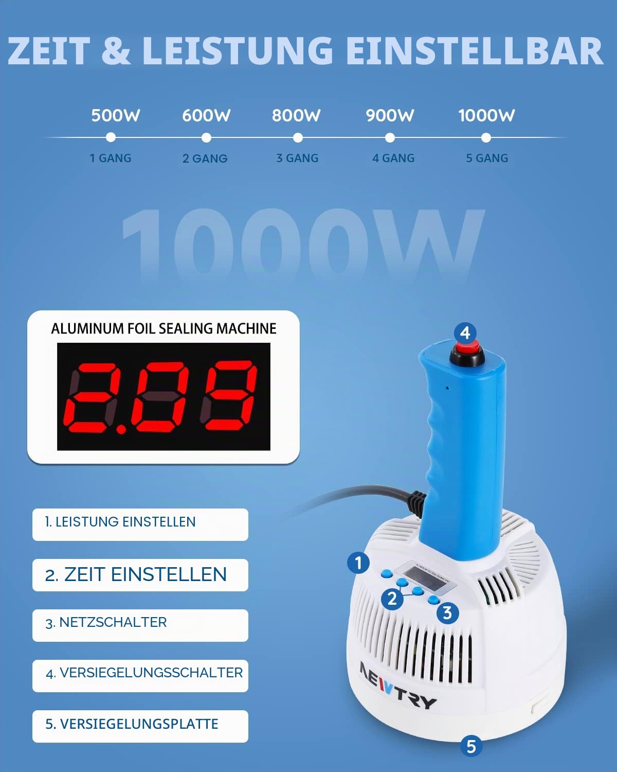 NEWTRY 20-100mm Elektromagnetische Induktionsdichtungsmaschine, tragbare Aluminiumfolie-Dichtungsmaschine für Kunststoff oder Glas Flaschen mit flachem und nichtmetallischen Deckel