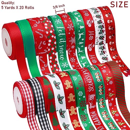 Vloso 23CR20 20 Rolls 100 Yards Christmas Ribbon For Gift Wrapping,3/8 Inch Christmas Grosgrain Ribbon,Christmas Ribbon thumb #1