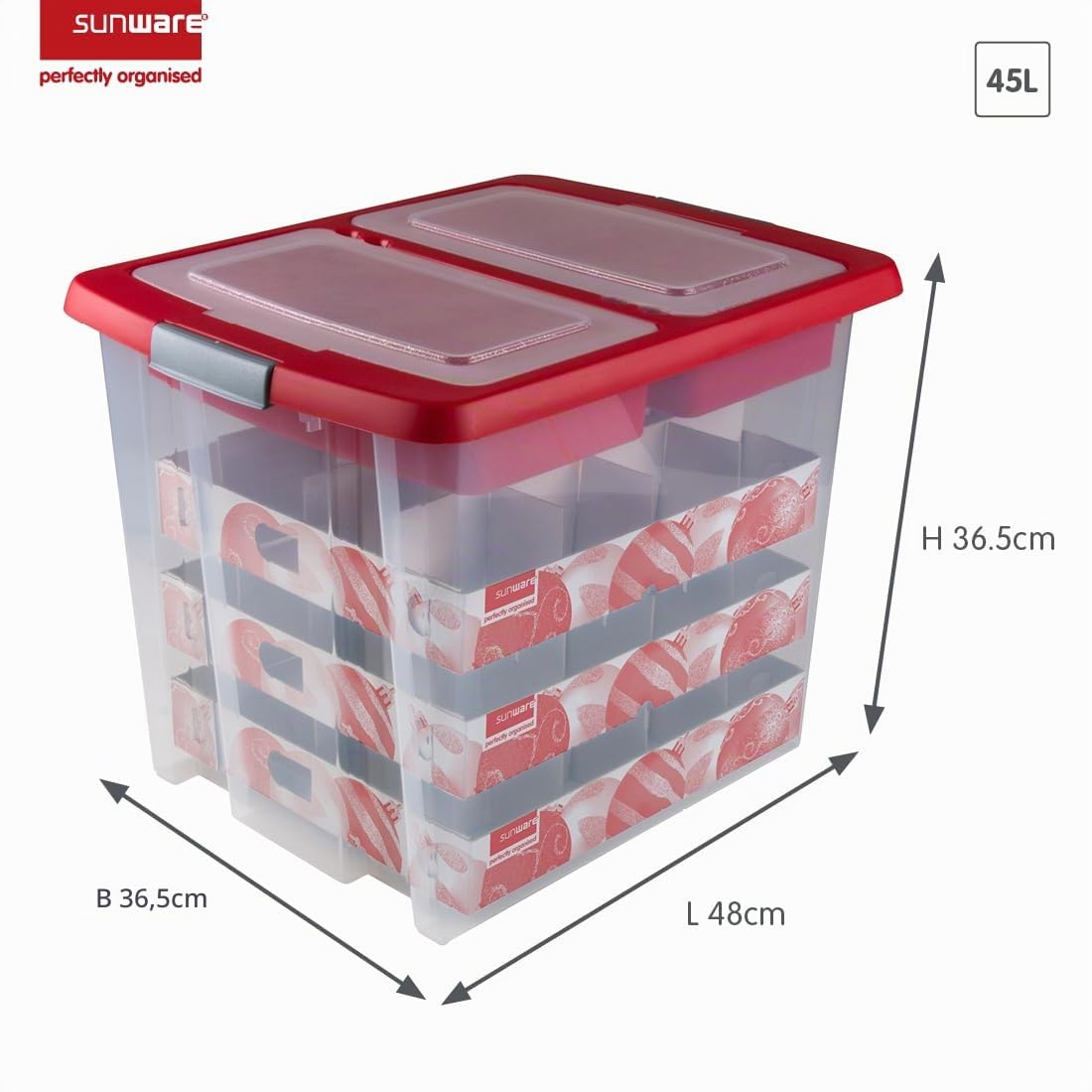 SUNWARE Nesta Weihnachtsbox 45 Ltr mit Tabletts für 48 Weihnachtskugeln (Ø70-80mm) - transparent/rot