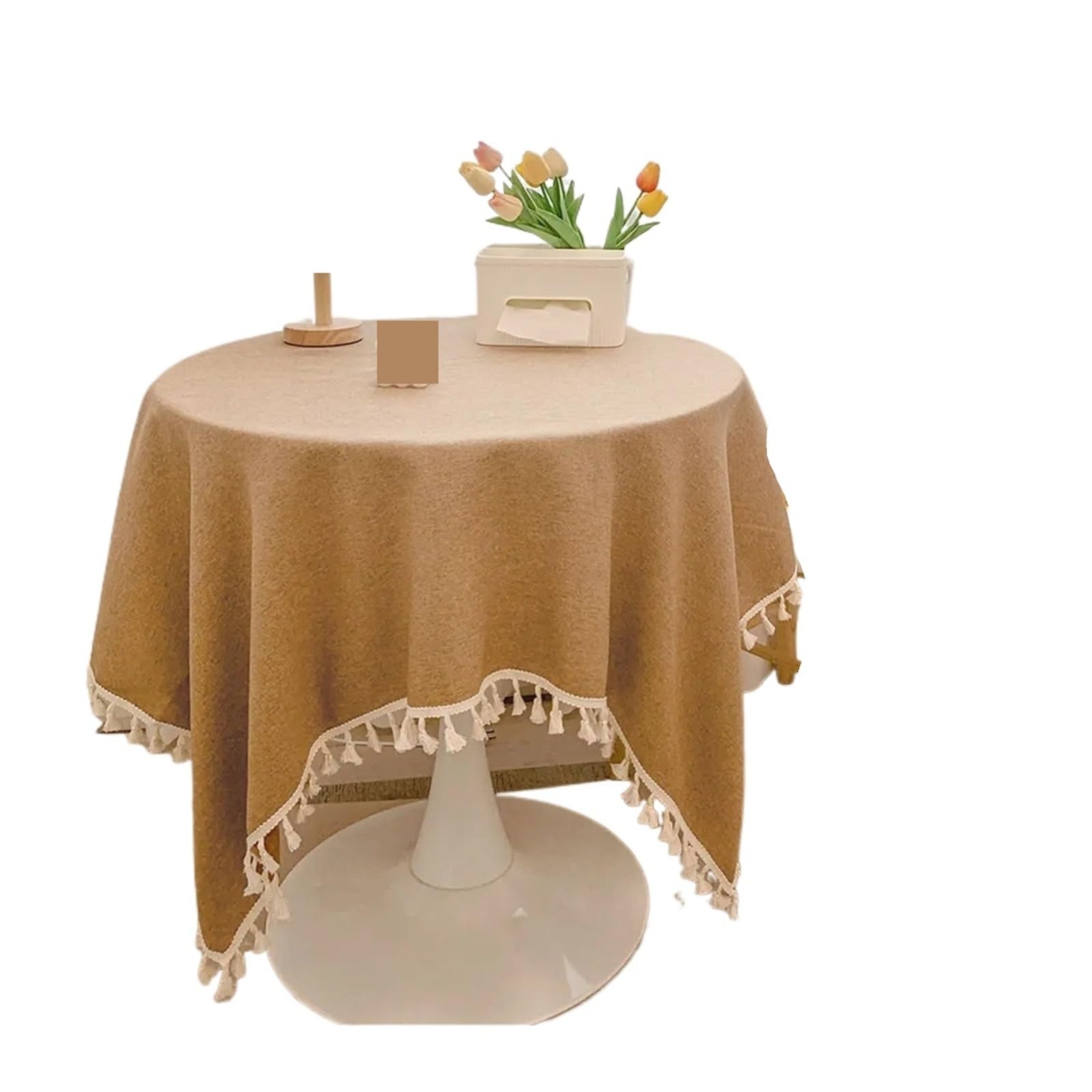 ZNTIHZ Rustic Tassels Tablecloth Cotton Linen Wedding Reception Table Cloth Tea Dining Decoration For Wedding Party Banquet(Coffee,140x140cm)
