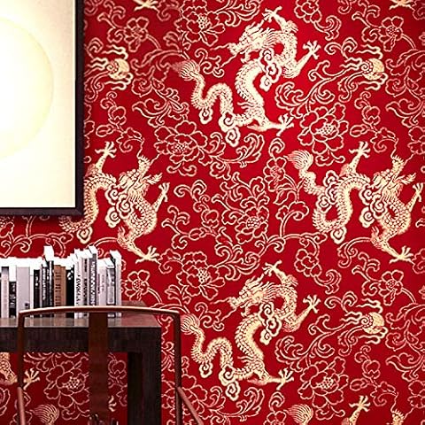 9.5X0.53M Traditional Chinese Red Yellow Dragon Flowers Waterproof Textured PVC Wallpaper Roll for Bedroom Livingroom 1.73' W x 31.2' L=5.035㎡ (54sq.ft) Cover