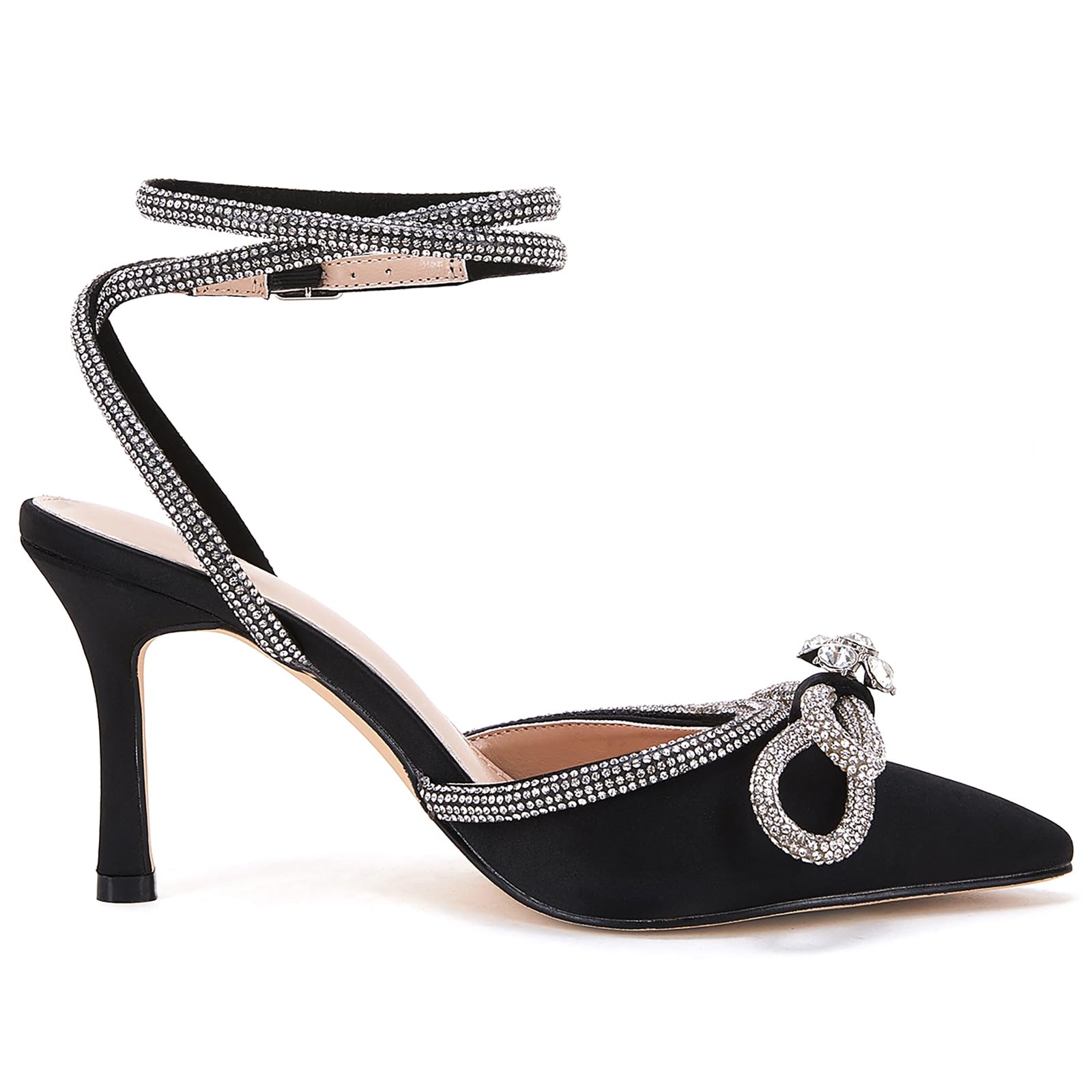 VETASTE Women's Double Bow Pointed Toe Ankle Strap Crystal Pumps Wedding Bridal Party Stilettos Backless Satin Heeled Sandals: 10 Black
