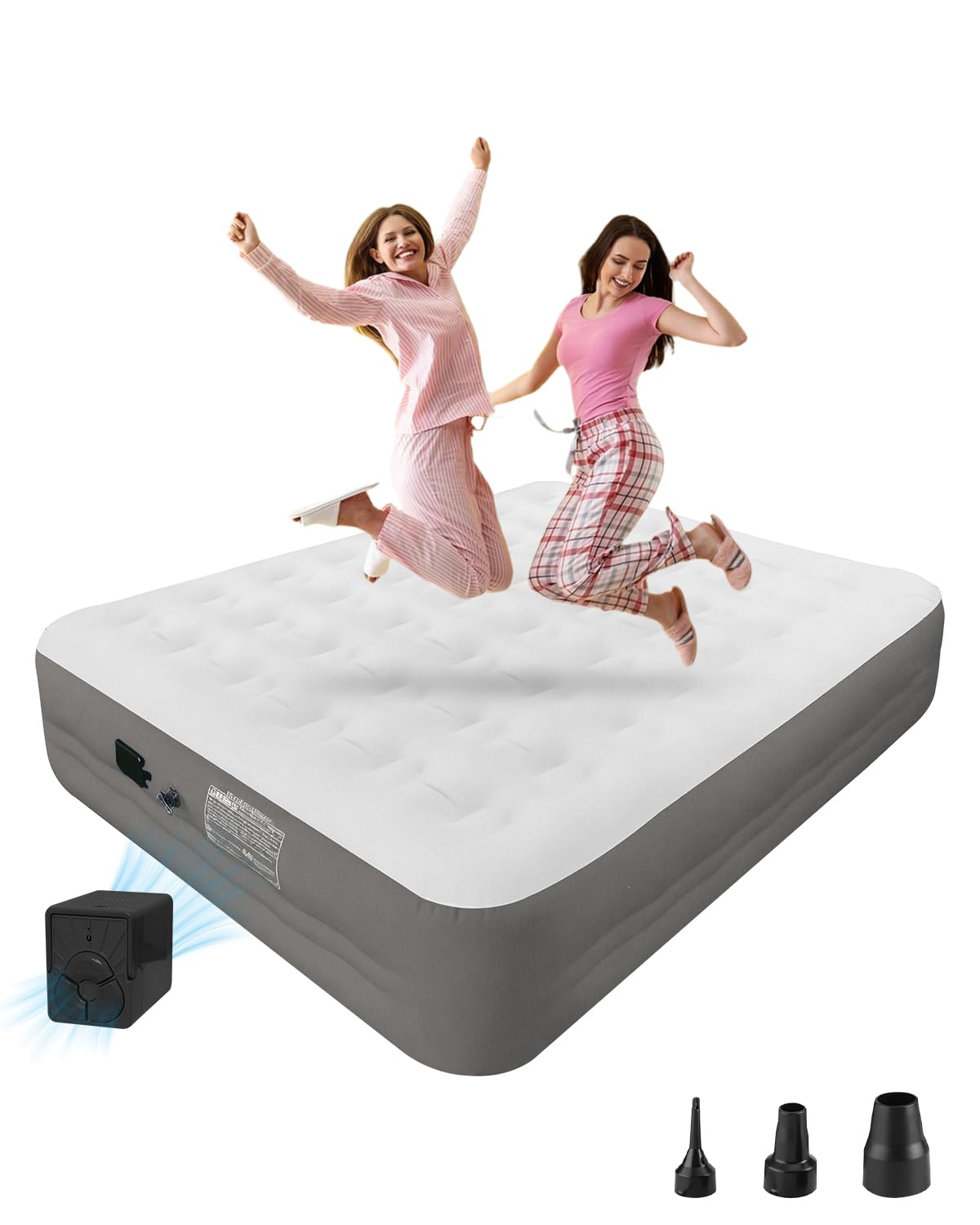 LussoAmor Queen Grey Air Mattress with Built-in Pump - 18 Inch Raised Height, Velvet Plush Sleeping Surface & Durable Polyester Pique Border-Portable Inflatable Bed for Camping,Home,Guests and Trave.